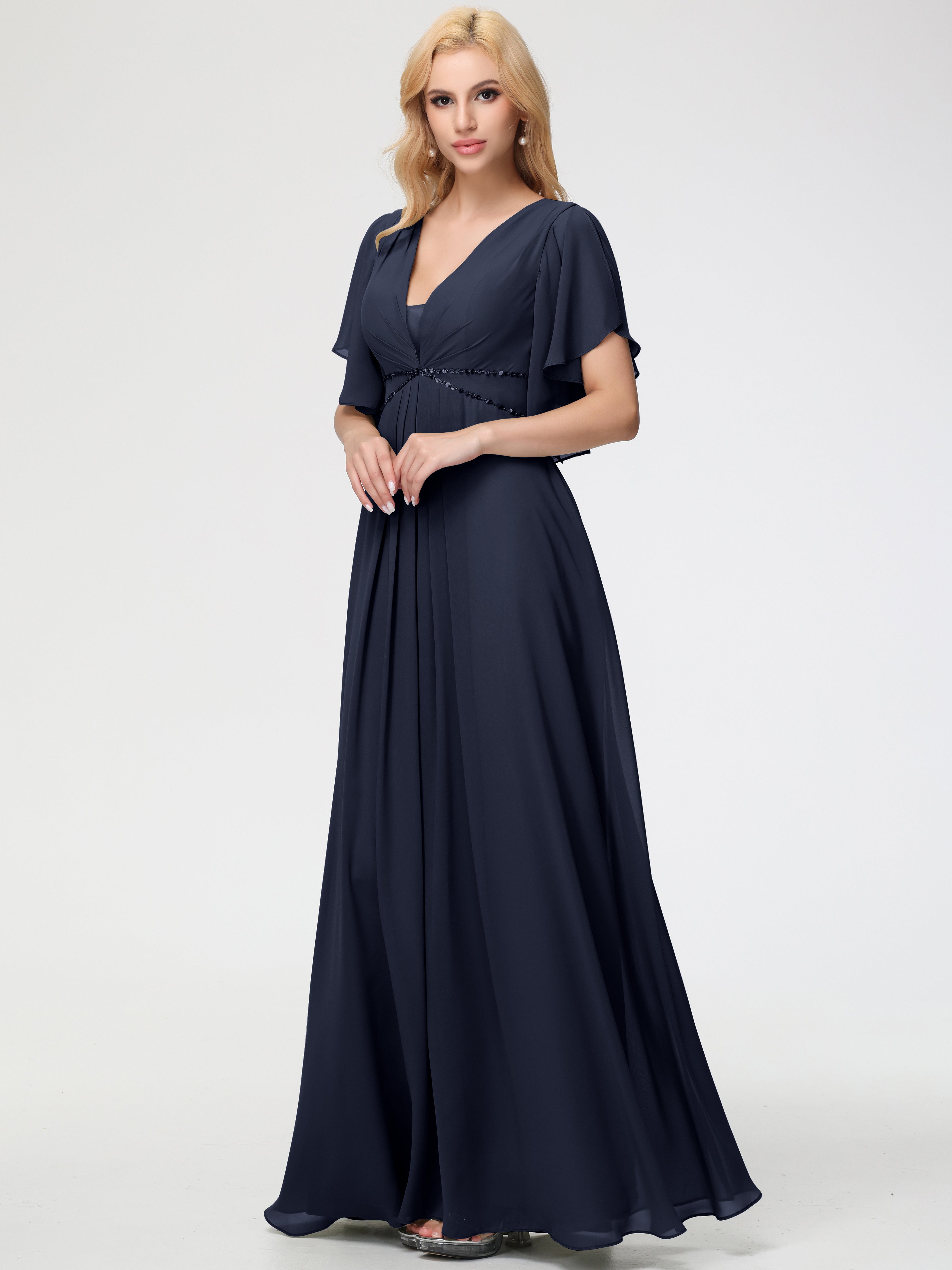 A-Line Sequins Sleeves Floor-Length Chiffon Bridesmaid Dresses