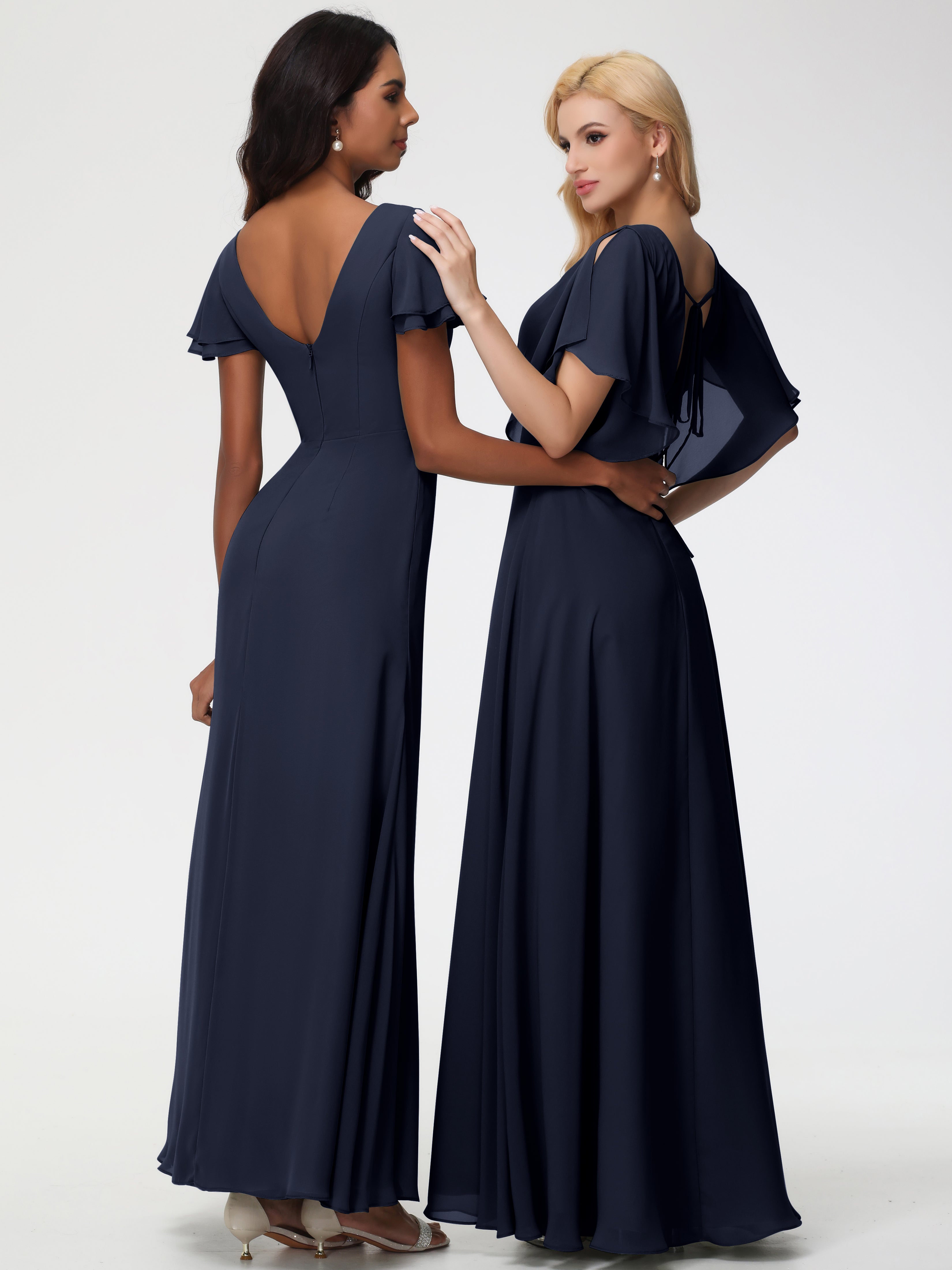 A-Line Sequins Sleeves Floor-Length Chiffon Bridesmaid Dresses