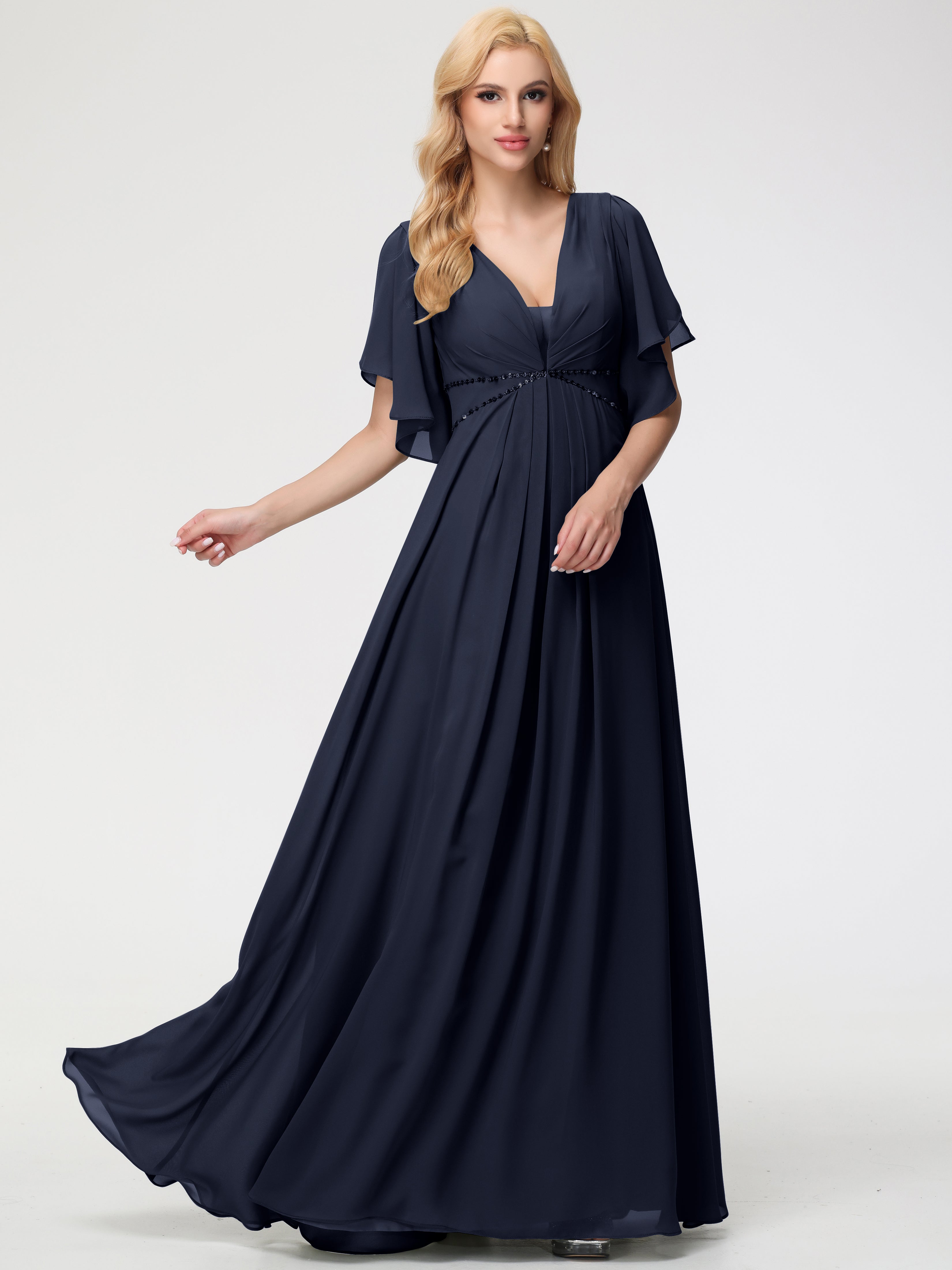 A-Line Sequins Sleeves Floor-Length Chiffon Bridesmaid Dresses