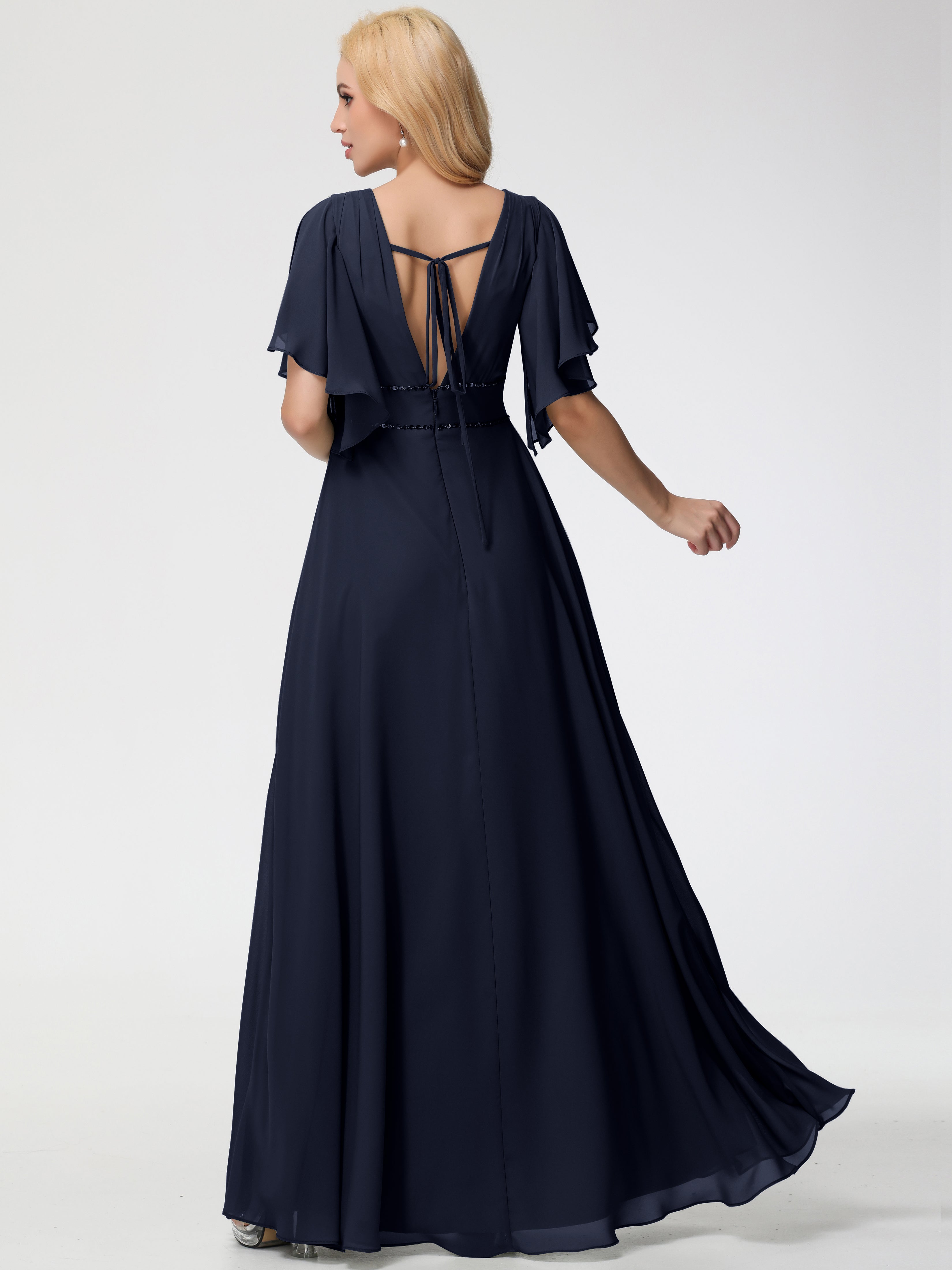 A-Line Sequins Sleeves Floor-Length Chiffon Bridesmaid Dresses