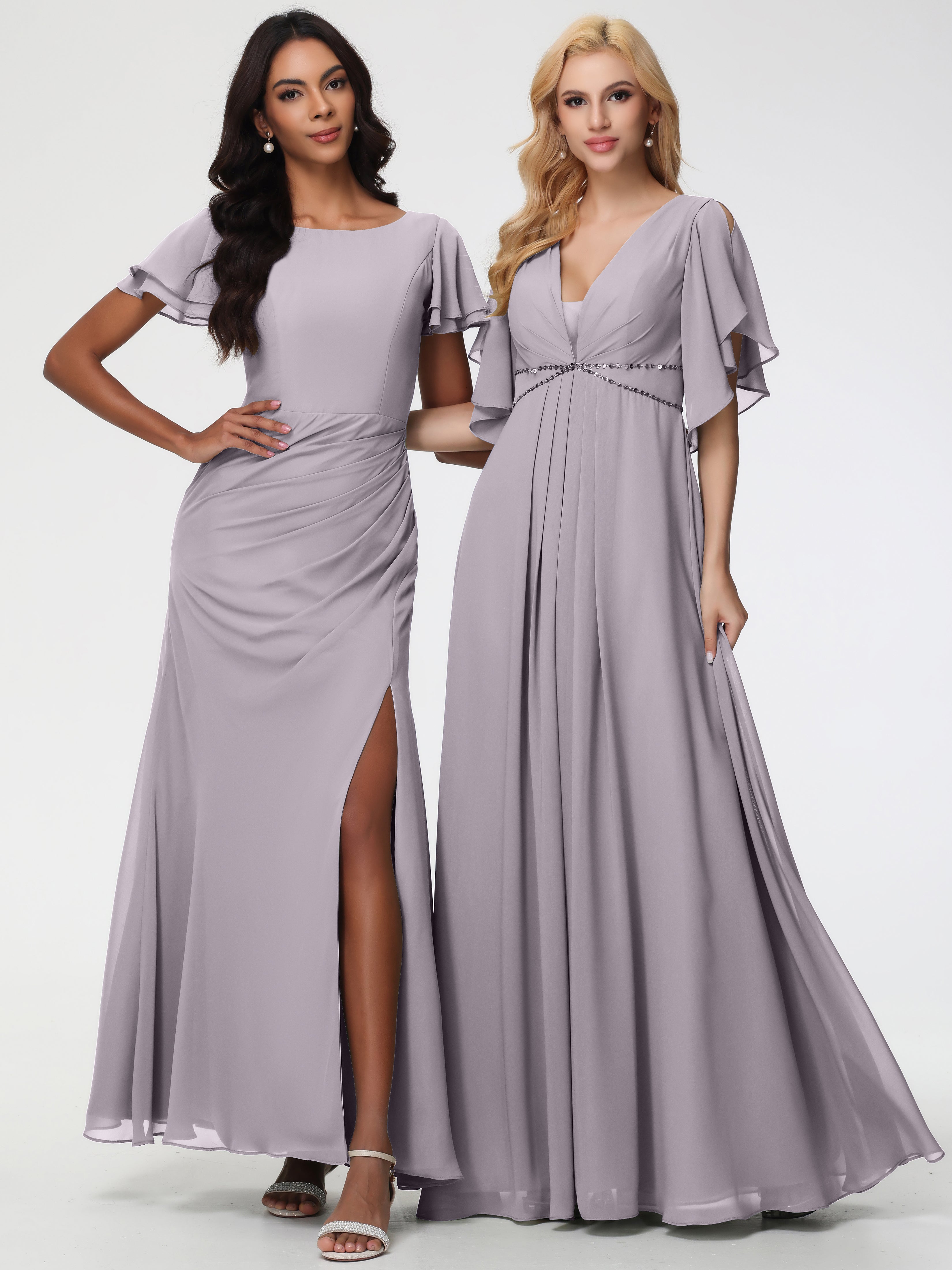 A-Line Sequins Sleeves Floor-Length Chiffon Bridesmaid Dresses
