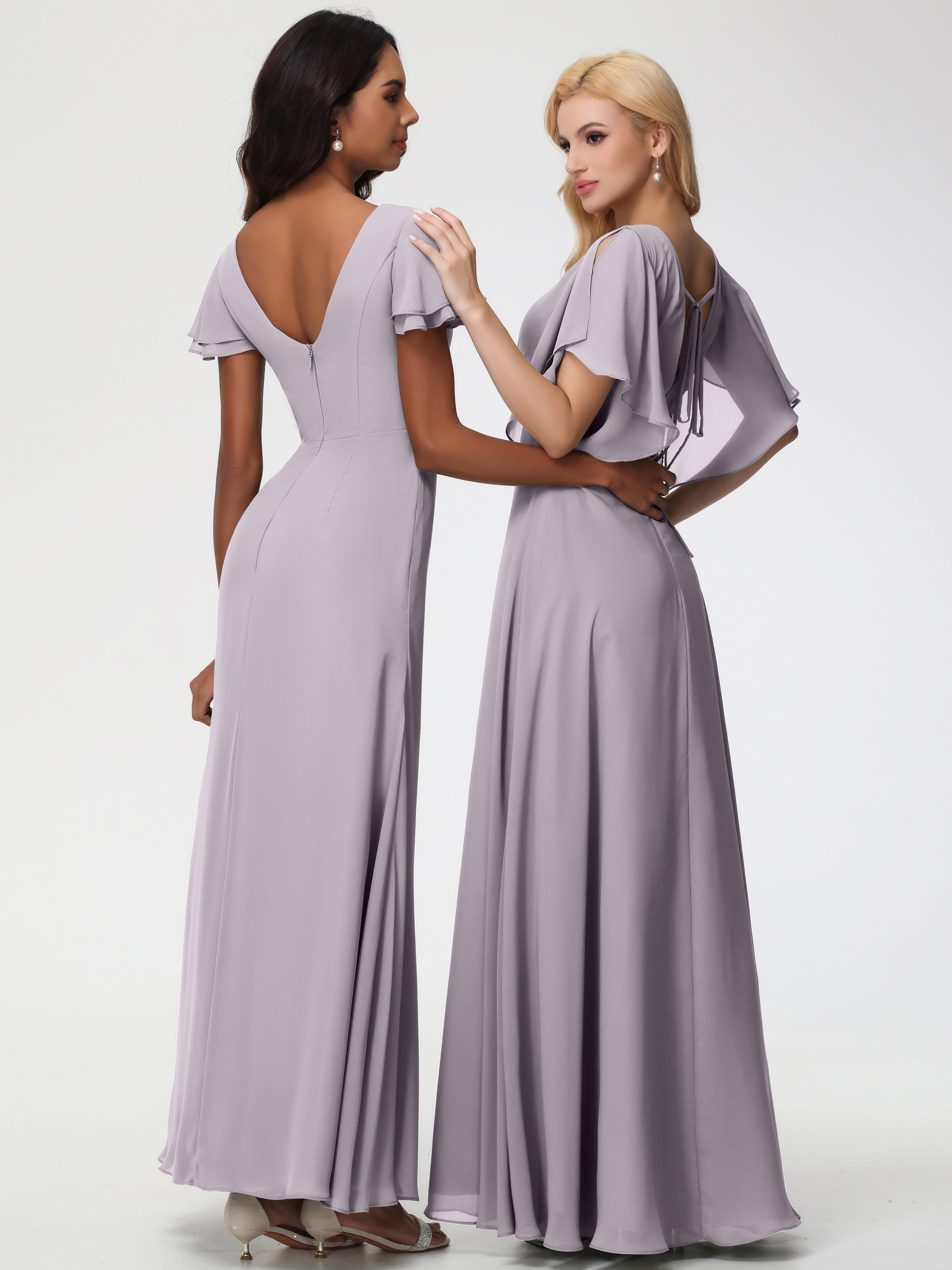 A-Line Sequins Sleeves Floor-Length Chiffon Bridesmaid Dresses
