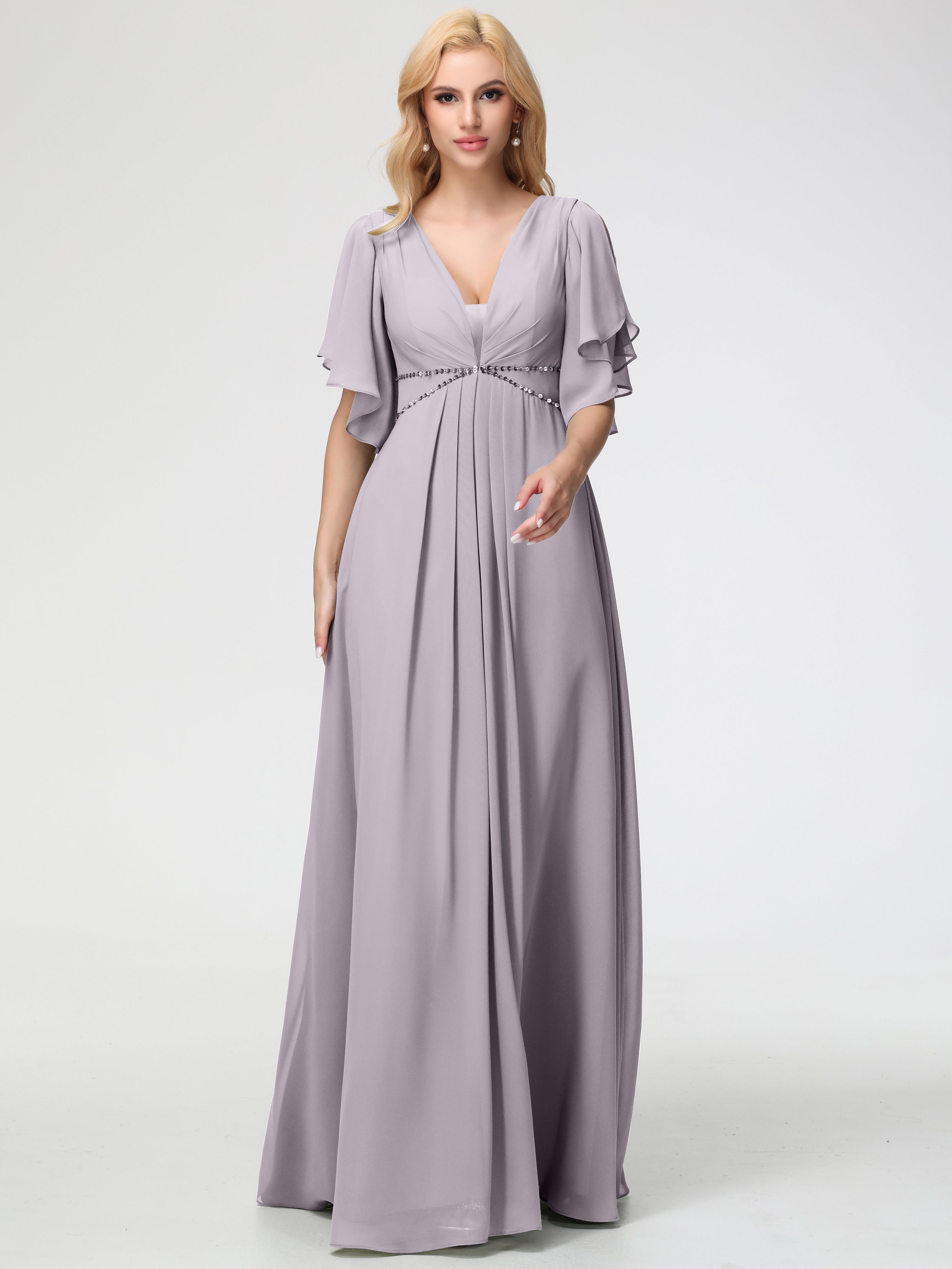 A-Line Sequins Sleeves Floor-Length Chiffon Bridesmaid Dresses