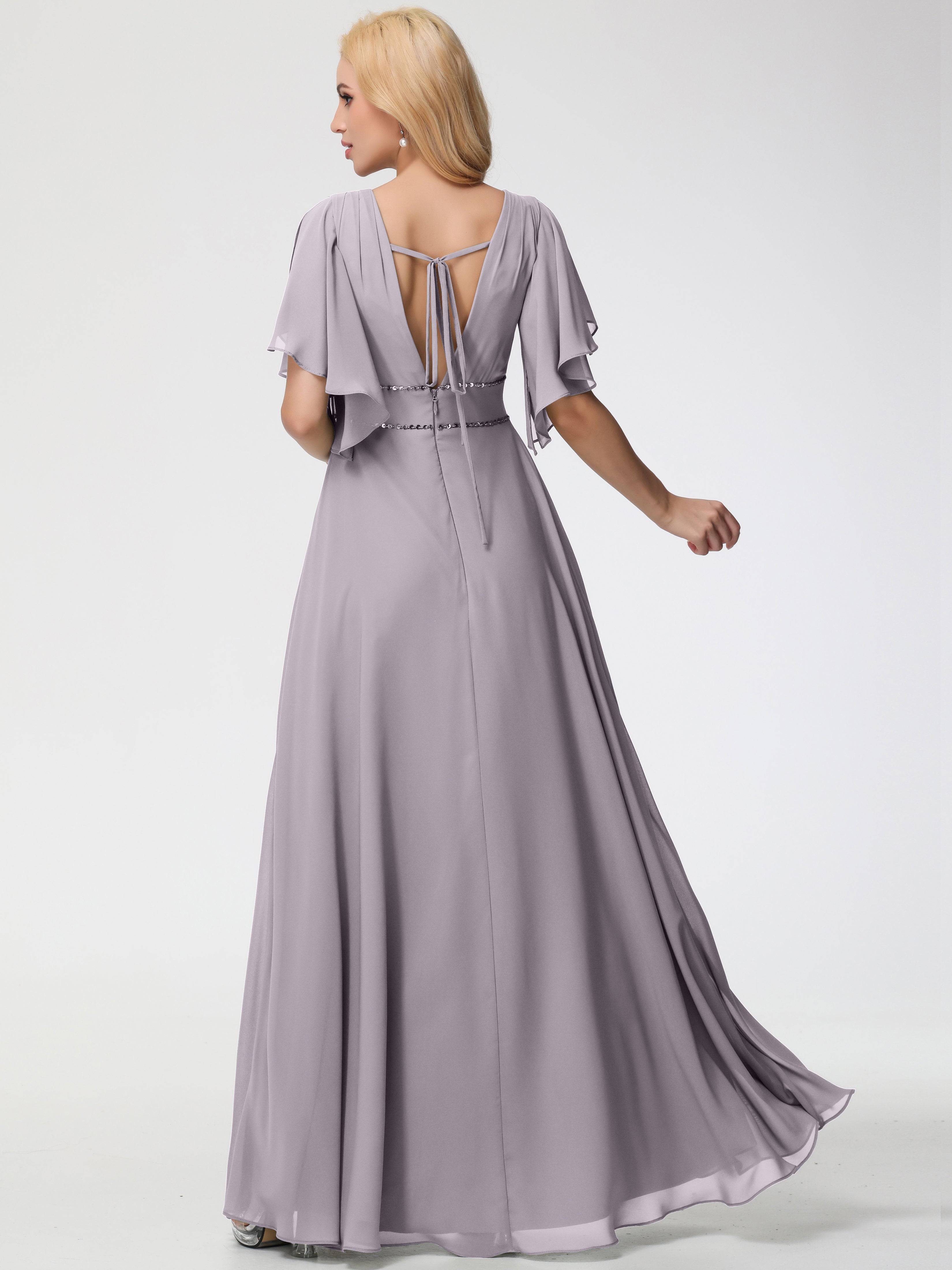A-Line Sequins Sleeves Floor-Length Chiffon Bridesmaid Dresses