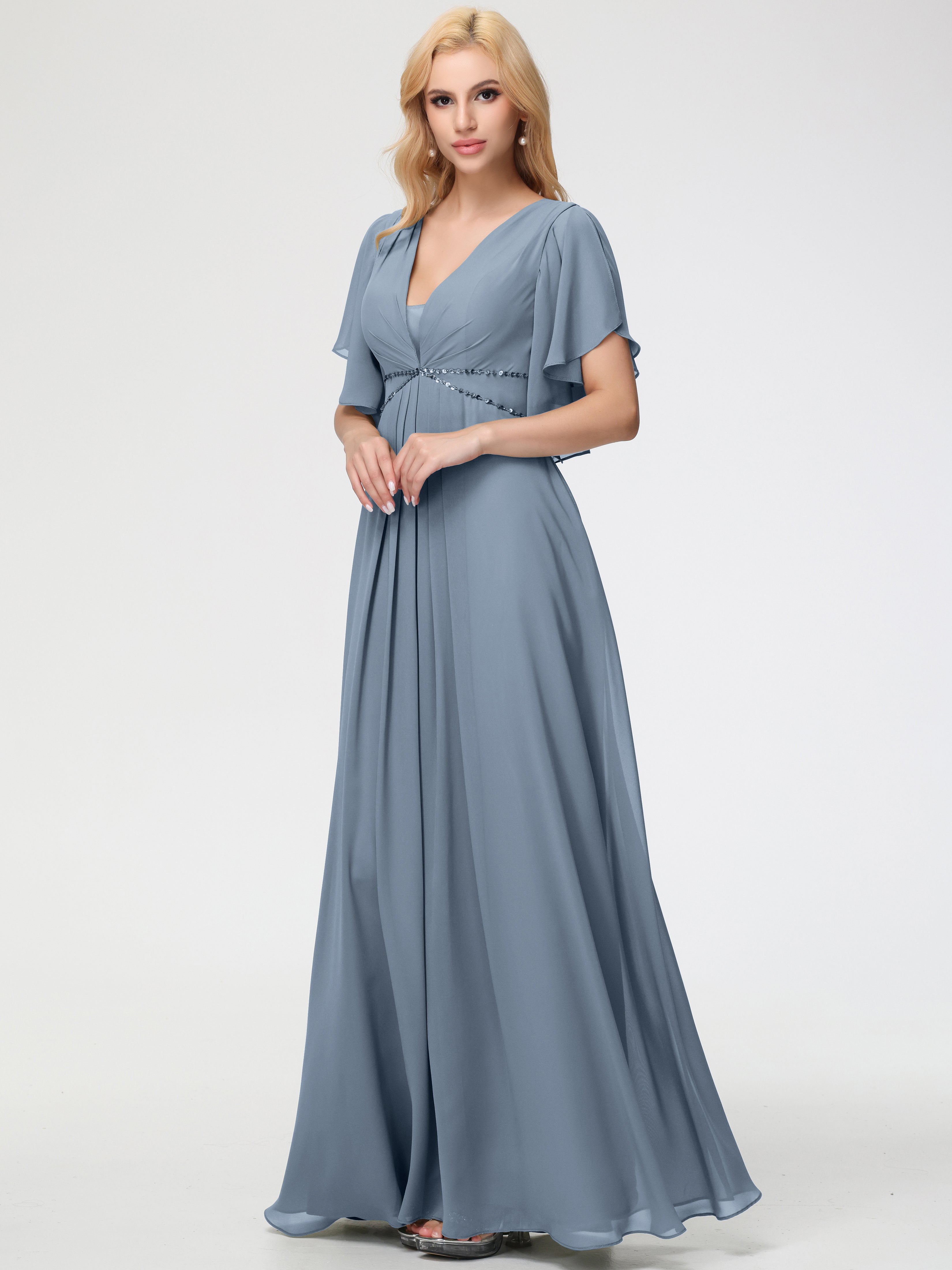 Dusty Blue Bridesmaid Dress A-Line Sequins Sleeves Floor-Length Chiffo