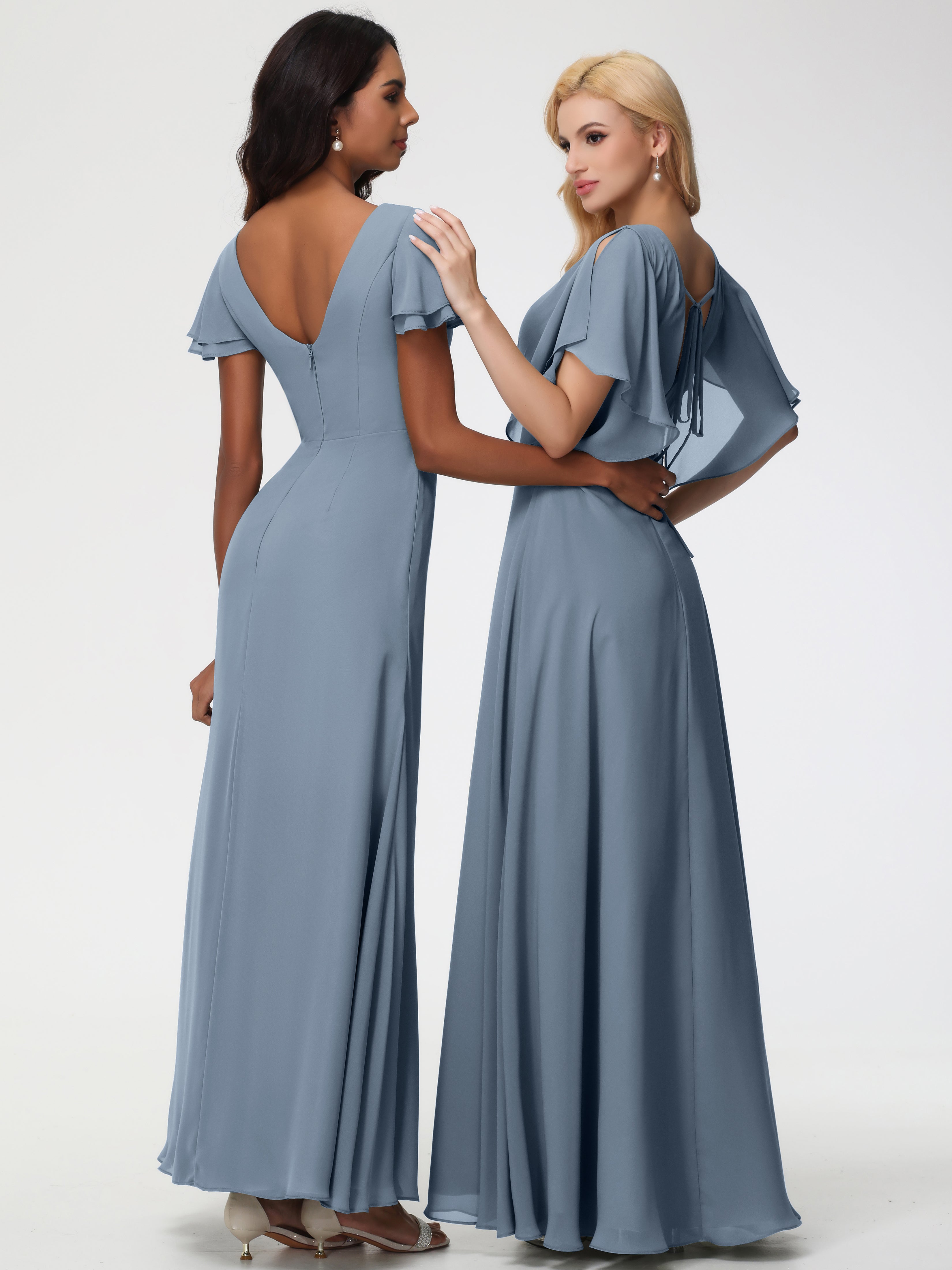 A-Line Sequins Sleeves Floor-Length Chiffon Bridesmaid Dresses