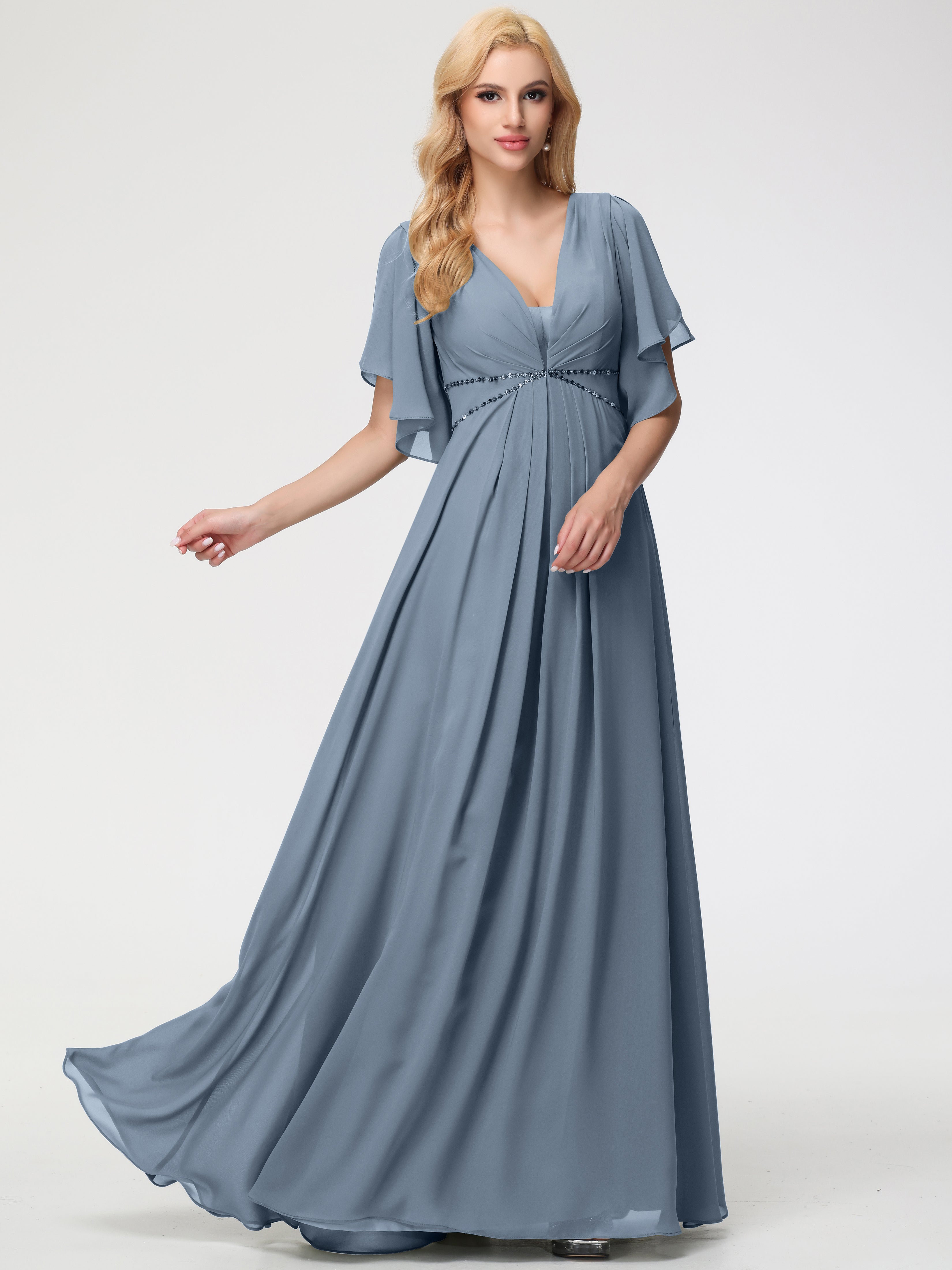 A-Line Sequins Sleeves Floor-Length Chiffon Bridesmaid Dresses