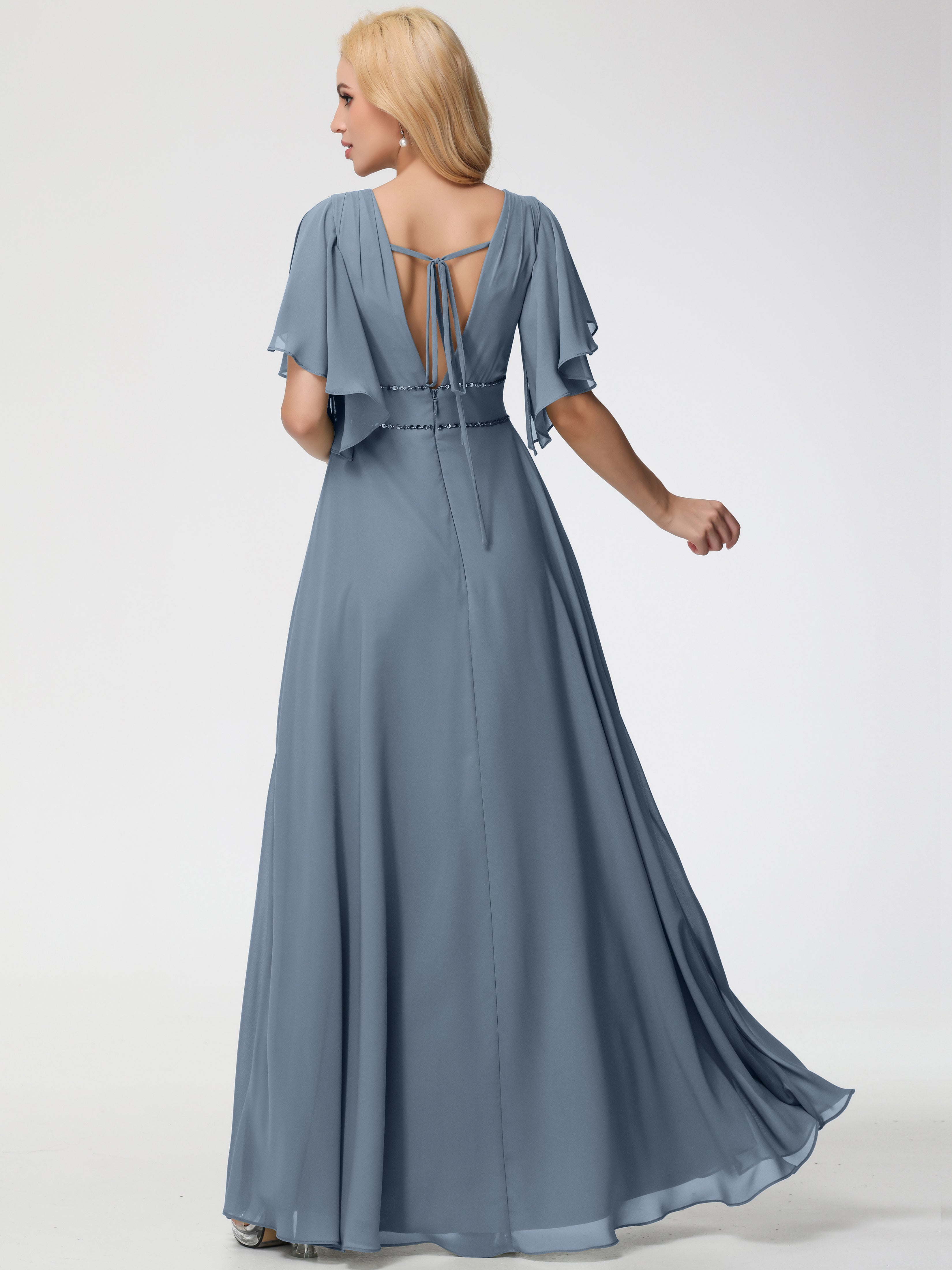 A-Line Sequins Sleeves Floor-Length Chiffon Bridesmaid Dresses