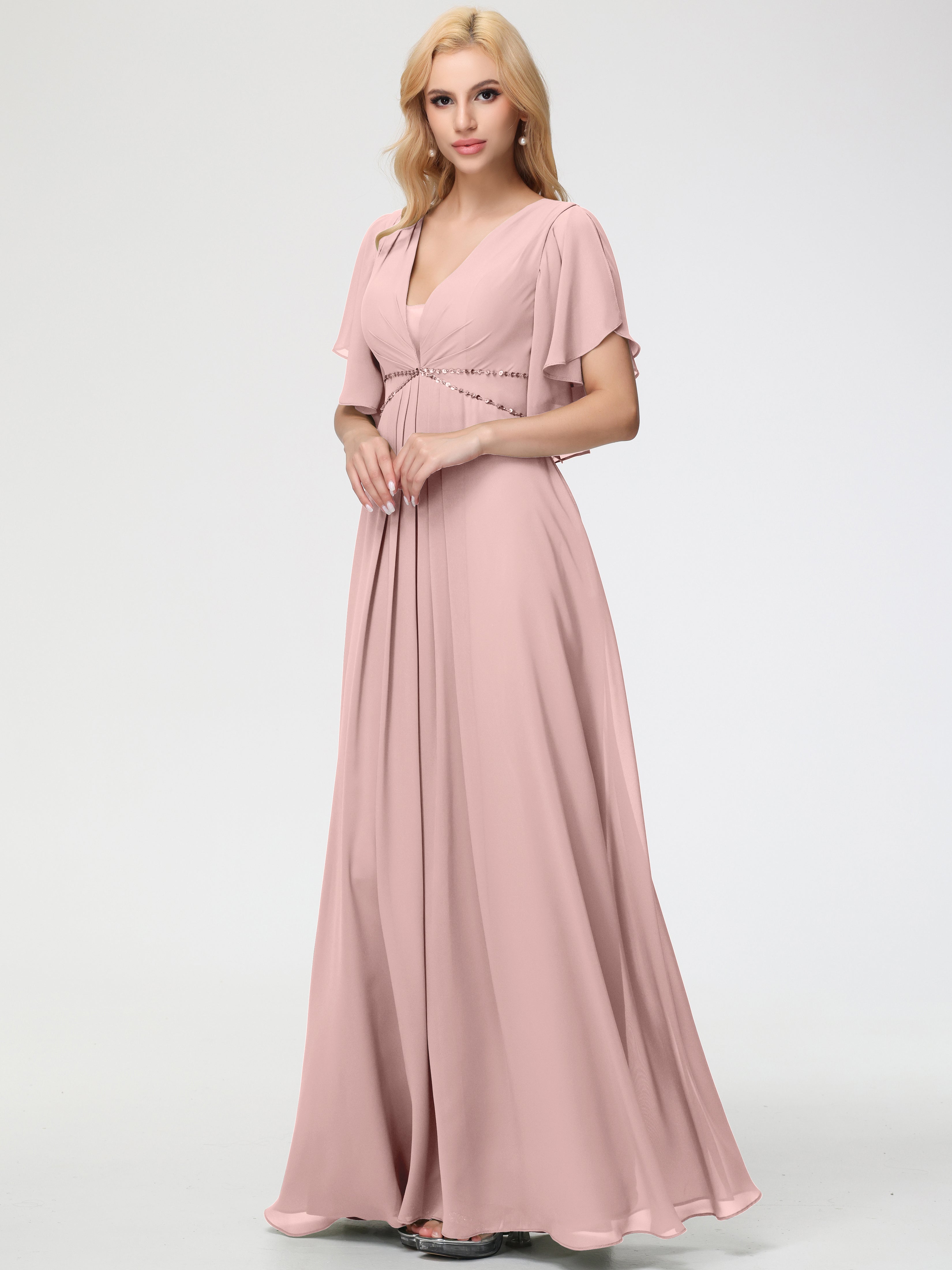 A-Line Sequins Sleeves Floor-Length Chiffon Bridesmaid Dresses