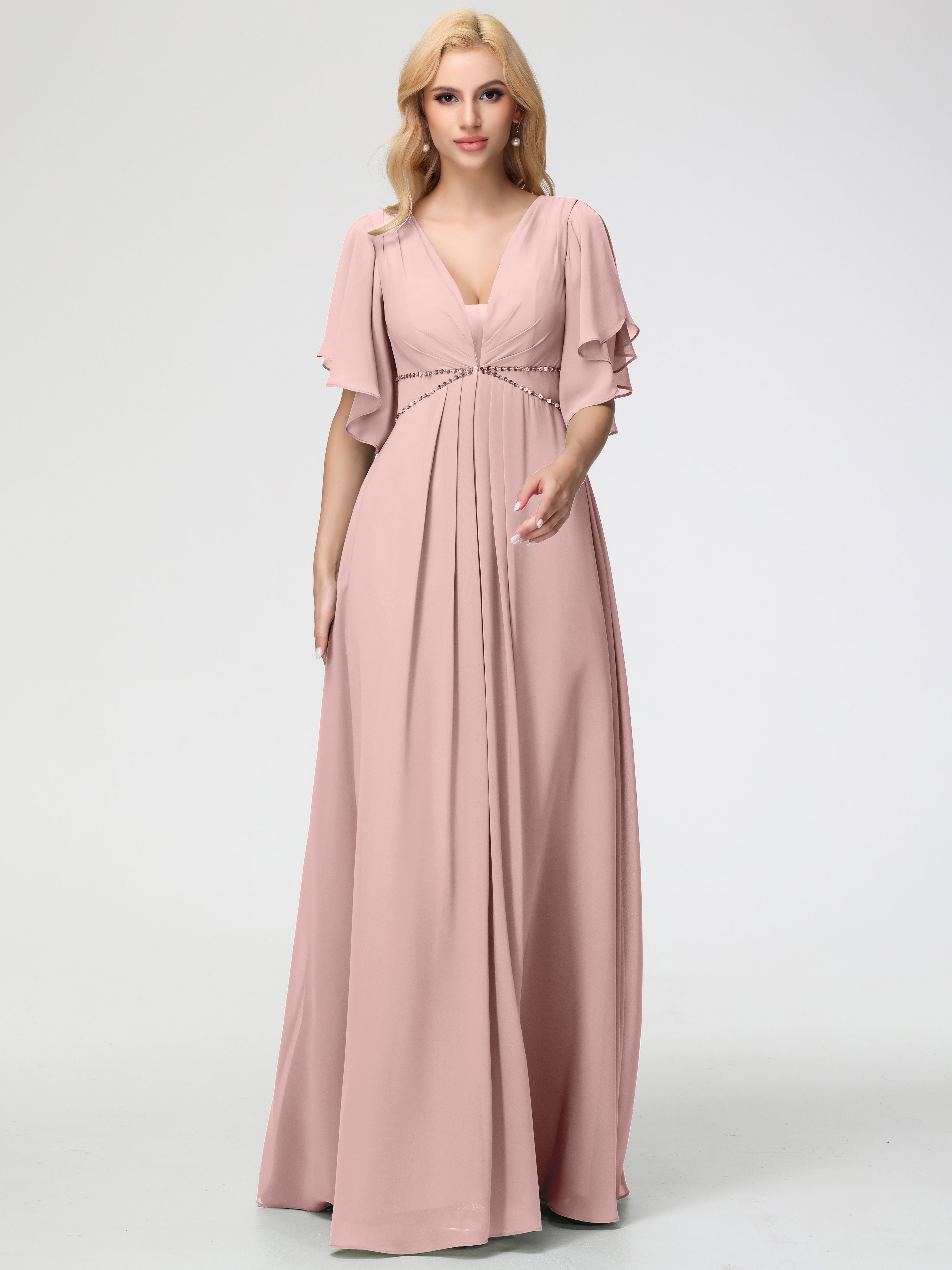 A-Line Sequins Sleeves Floor-Length Chiffon Bridesmaid Dresses