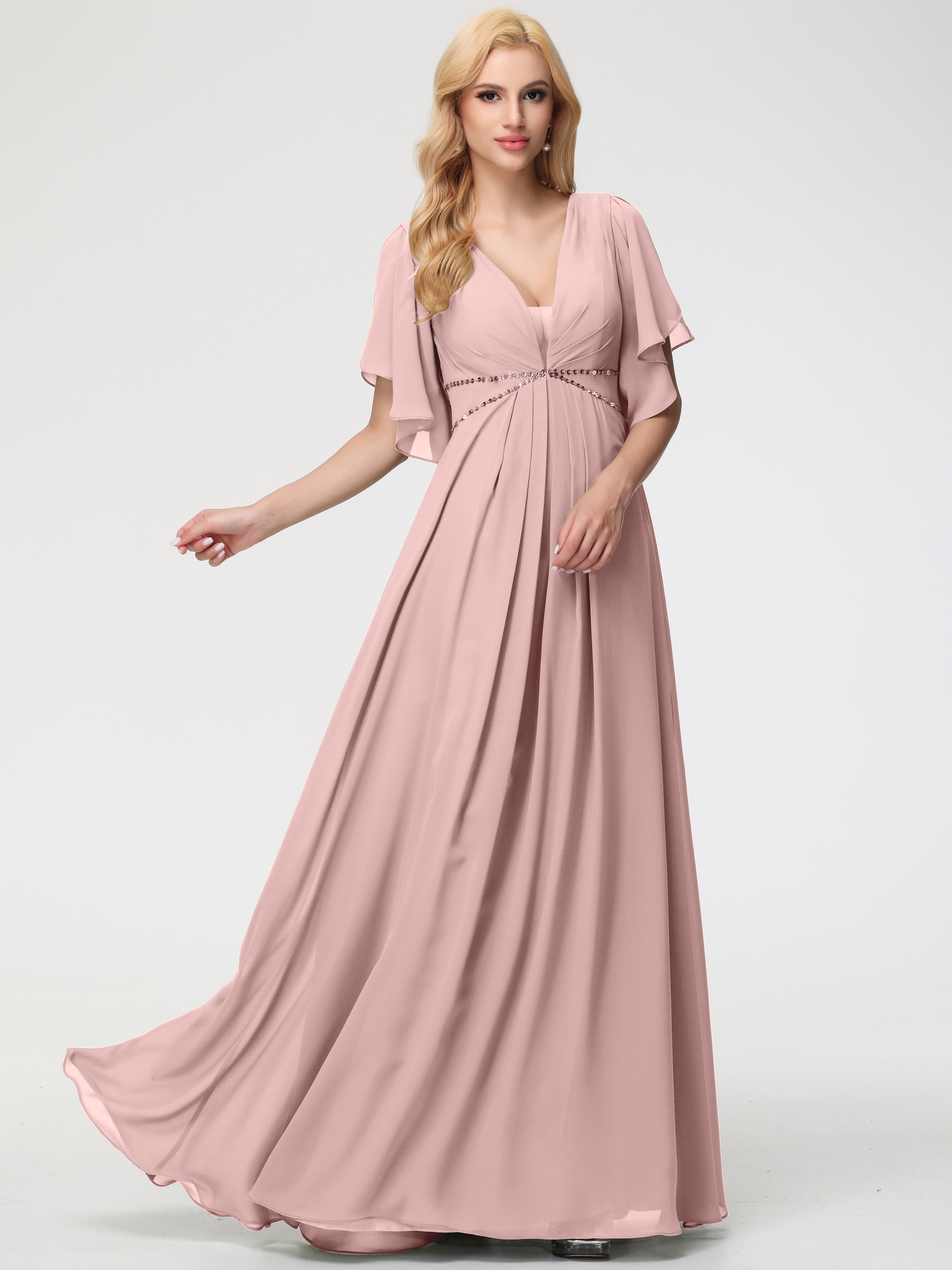 A-Line Sequins Sleeves Floor-Length Chiffon Bridesmaid Dresses
