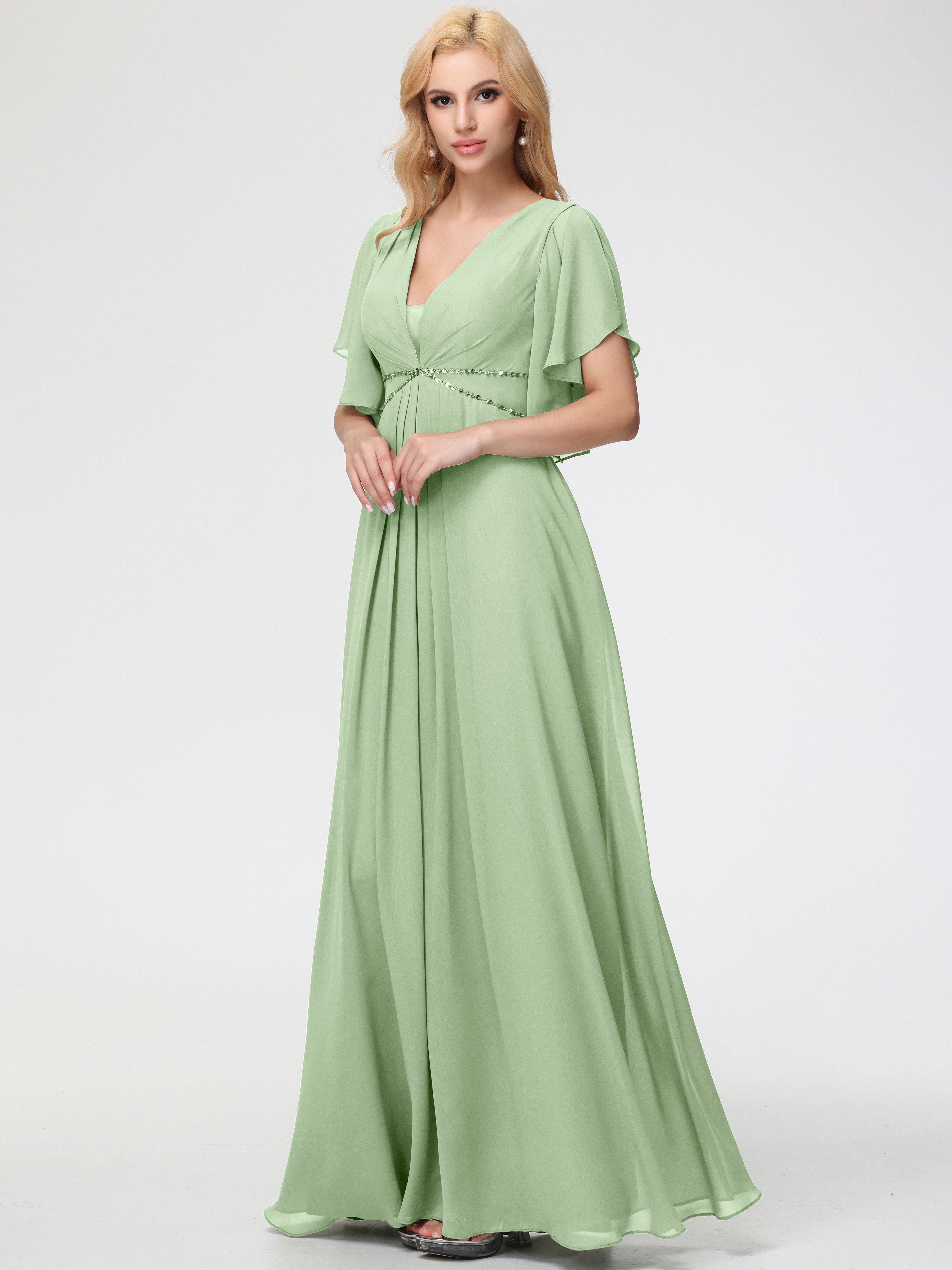 A-Line Sequins Sleeves Floor-Length Chiffon Bridesmaid Dresses