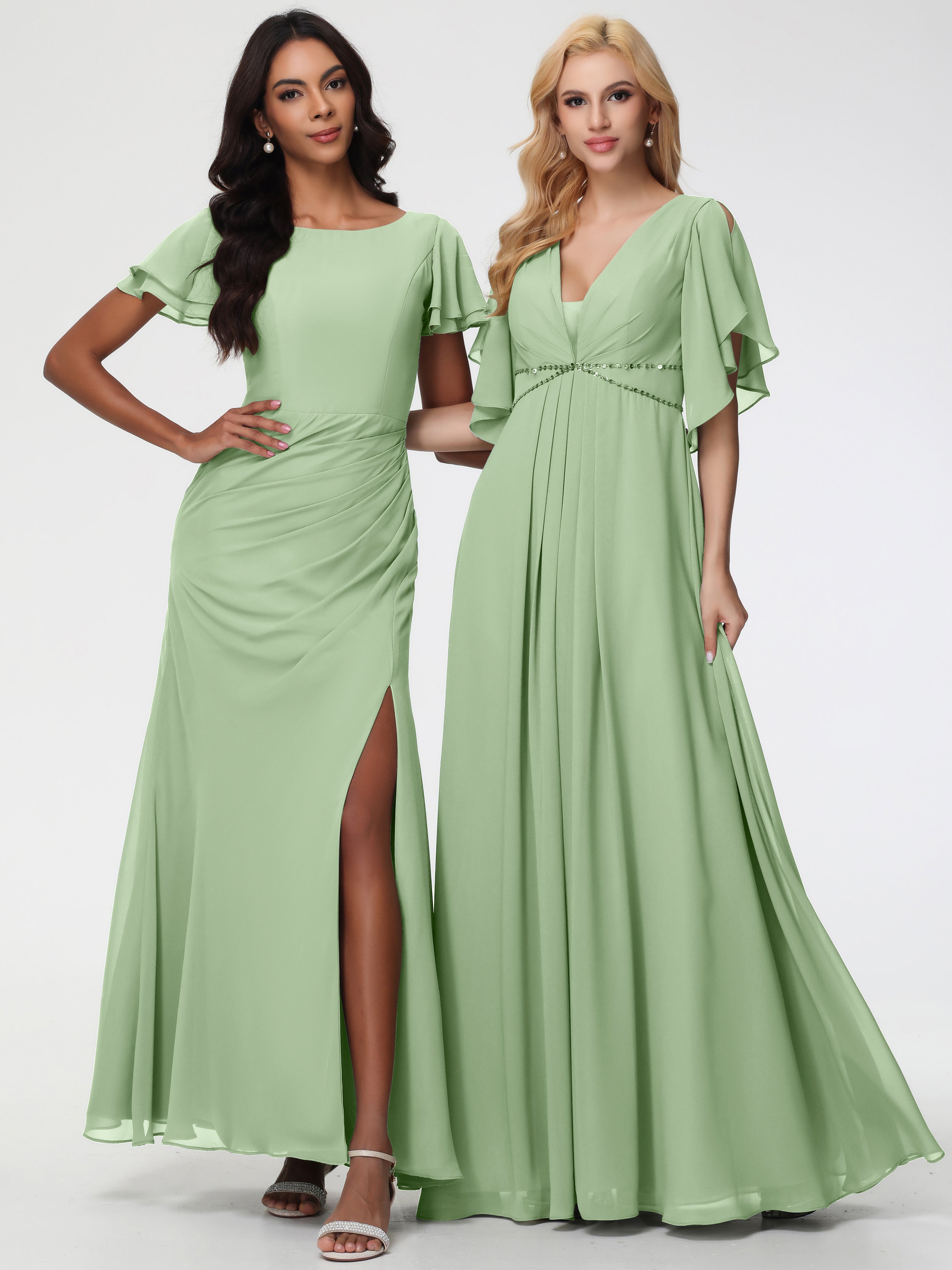 A-Line Sequins Sleeves Floor-Length Chiffon Bridesmaid Dresses