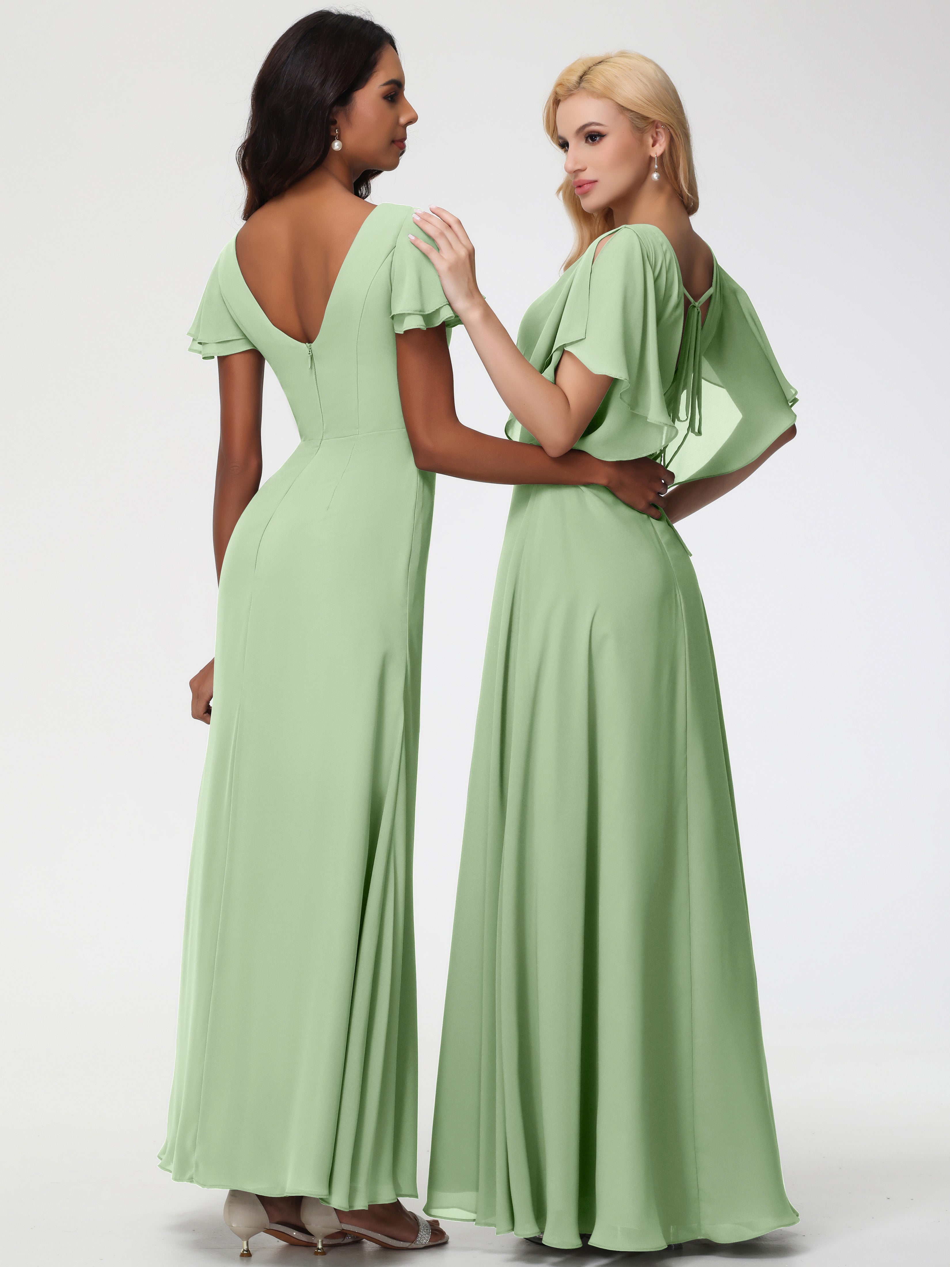 A-Line Sequins Sleeves Floor-Length Chiffon Bridesmaid Dresses