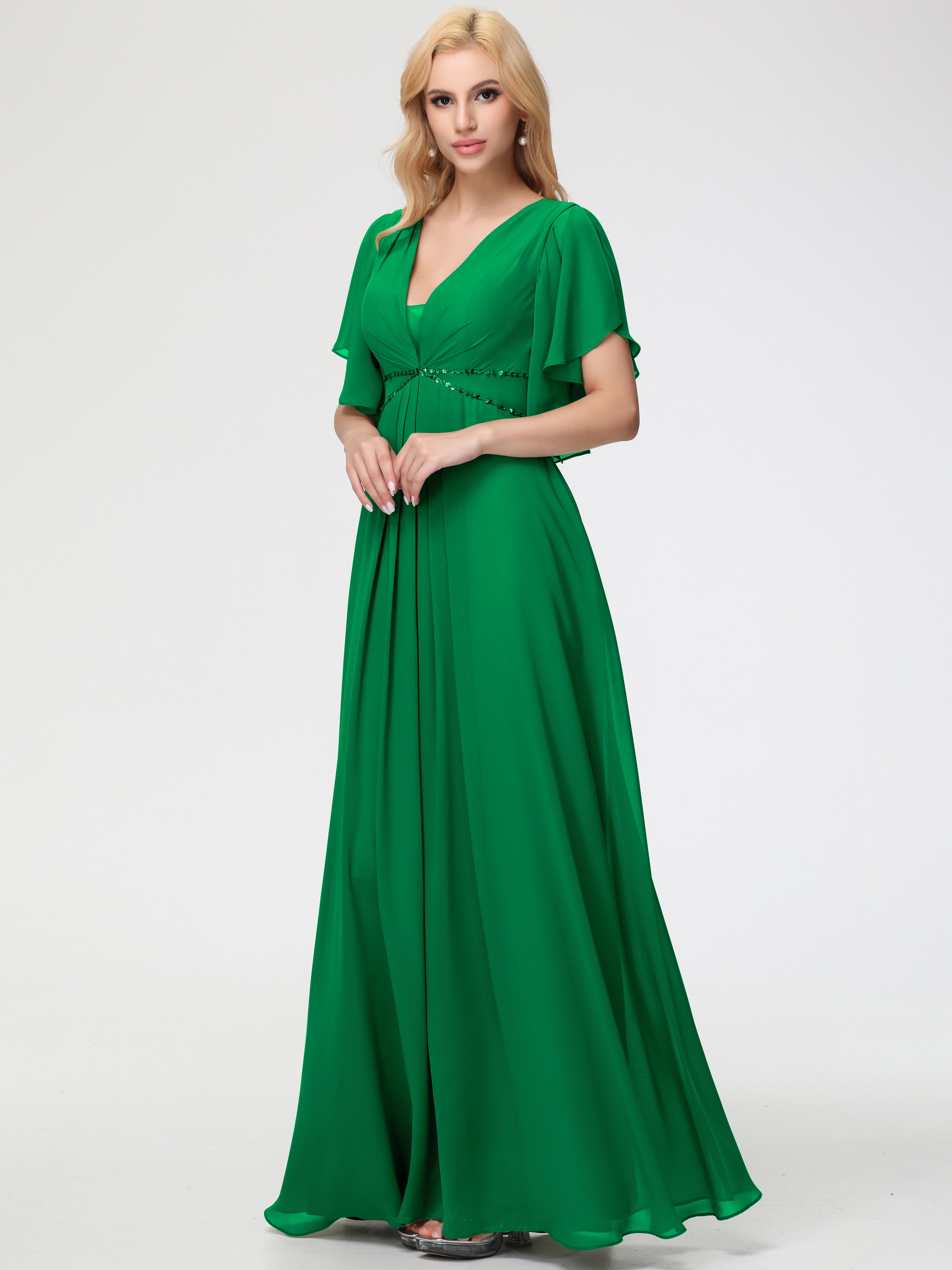 A-Line Sequins Sleeves Floor-Length Chiffon Bridesmaid Dresses