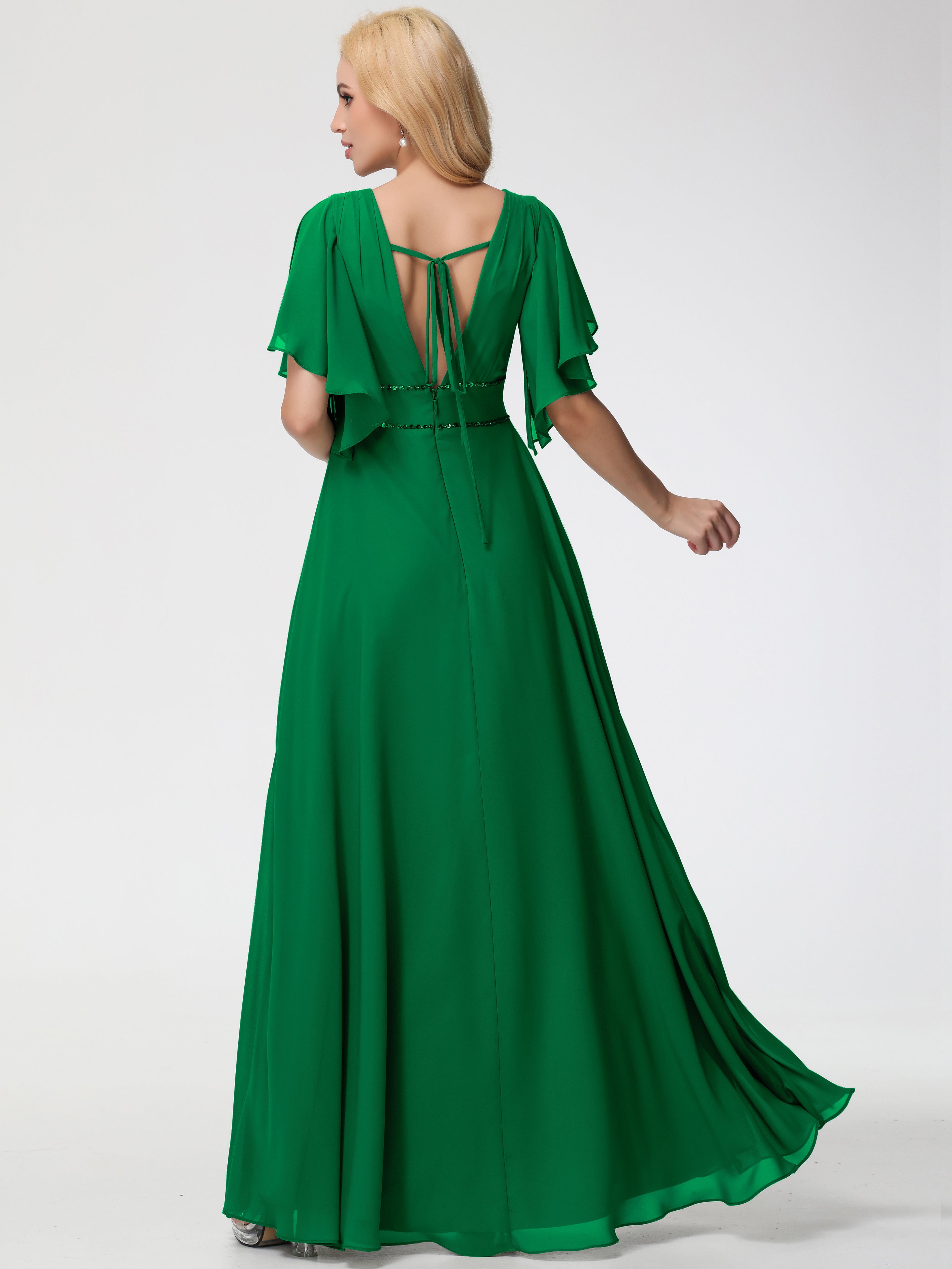 A-Line Sequins Sleeves Floor-Length Chiffon Bridesmaid Dresses