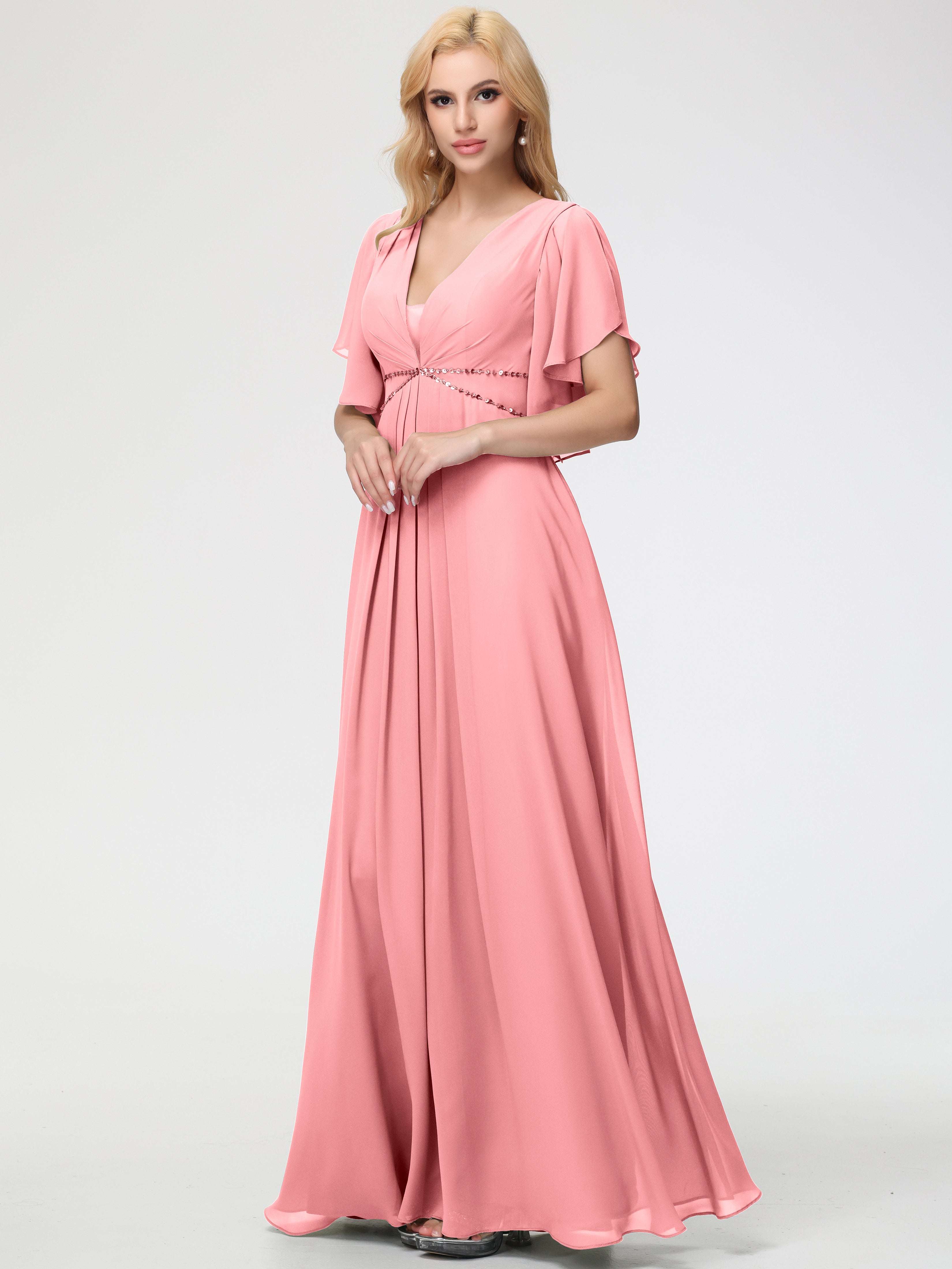A-Line Sequins Sleeves Floor-Length Chiffon Bridesmaid Dresses
