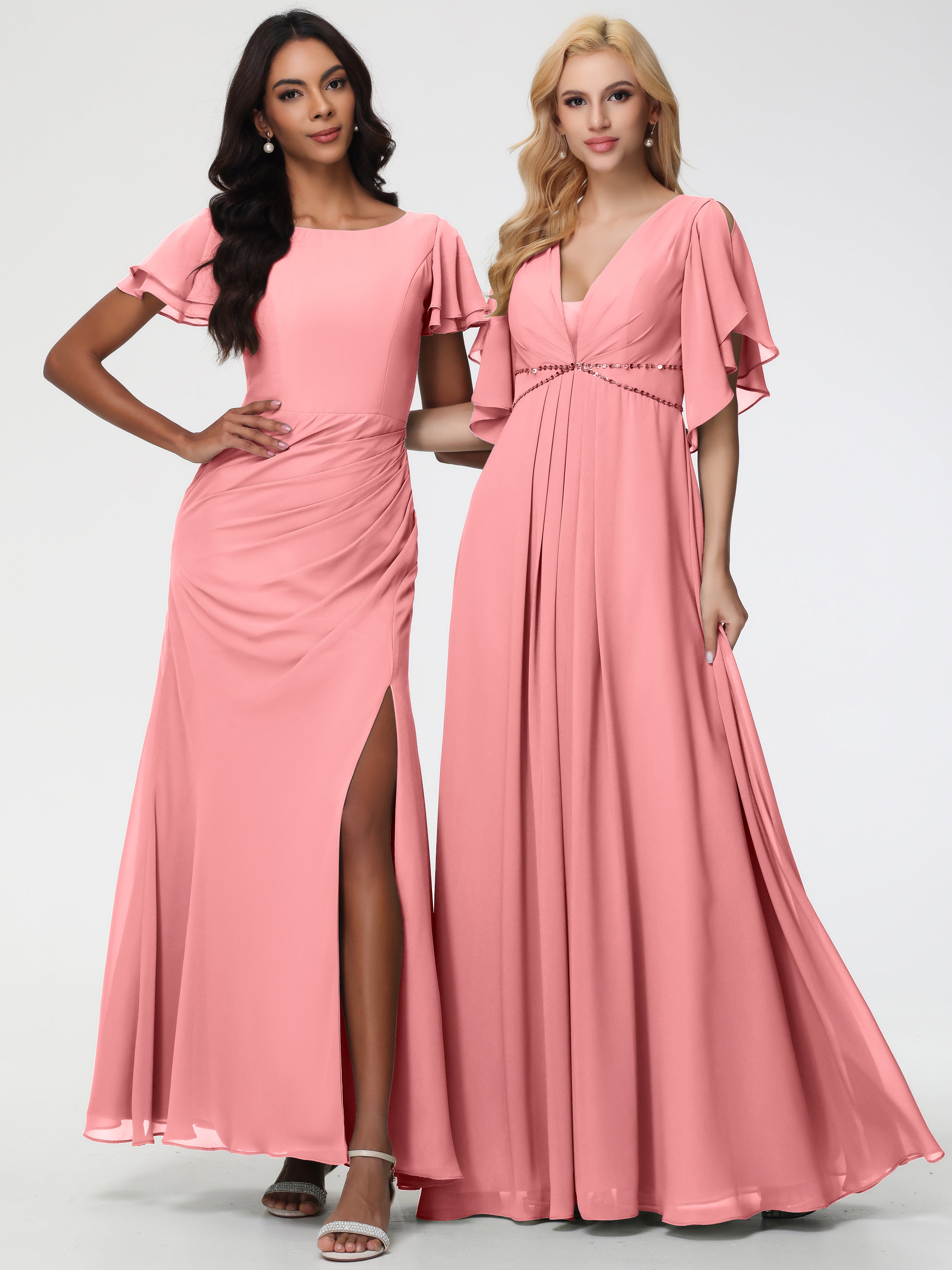 A-Line Sequins Sleeves Floor-Length Chiffon Bridesmaid Dresses