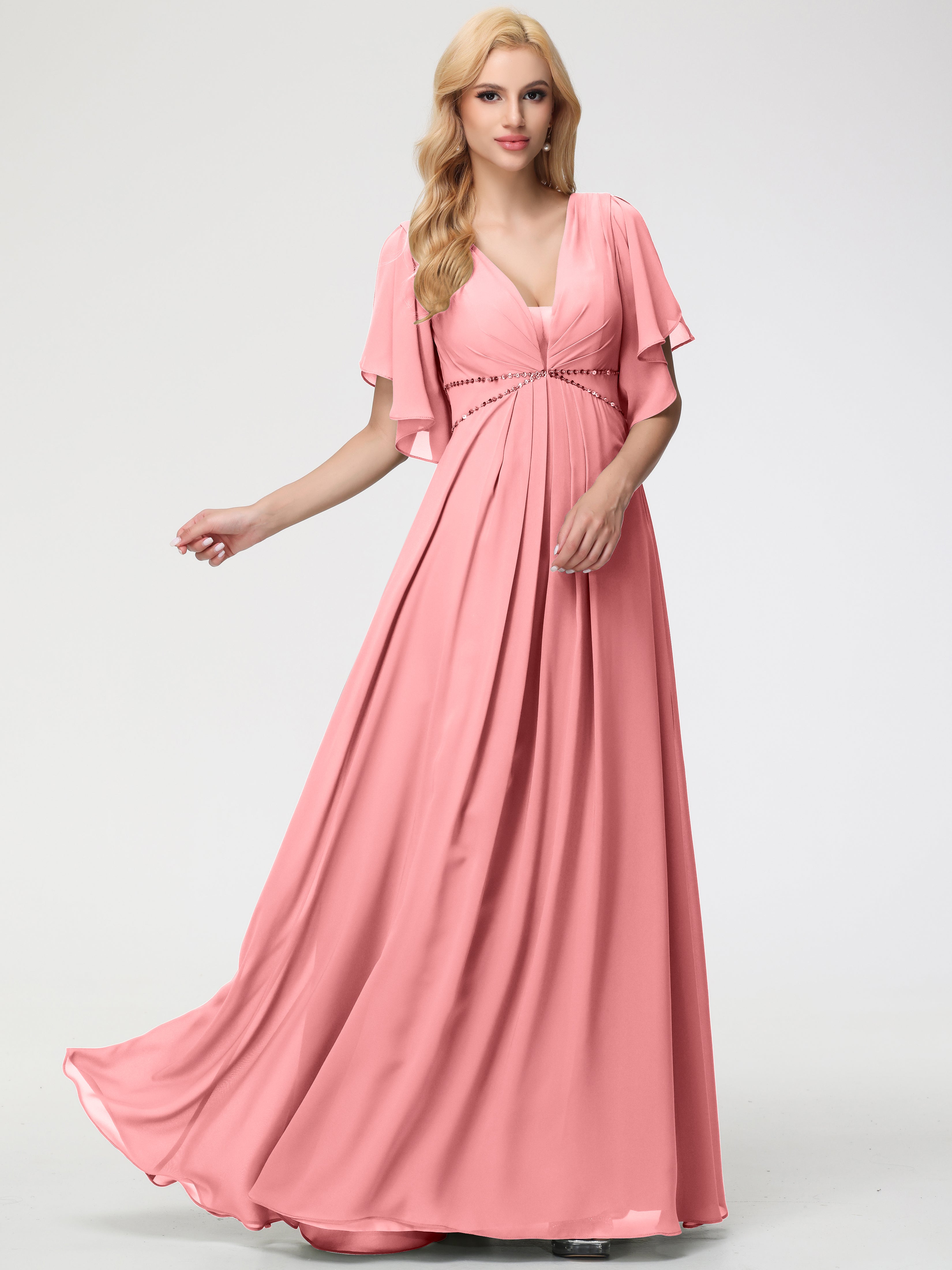 A-Line Sequins Sleeves Floor-Length Chiffon Bridesmaid Dresses