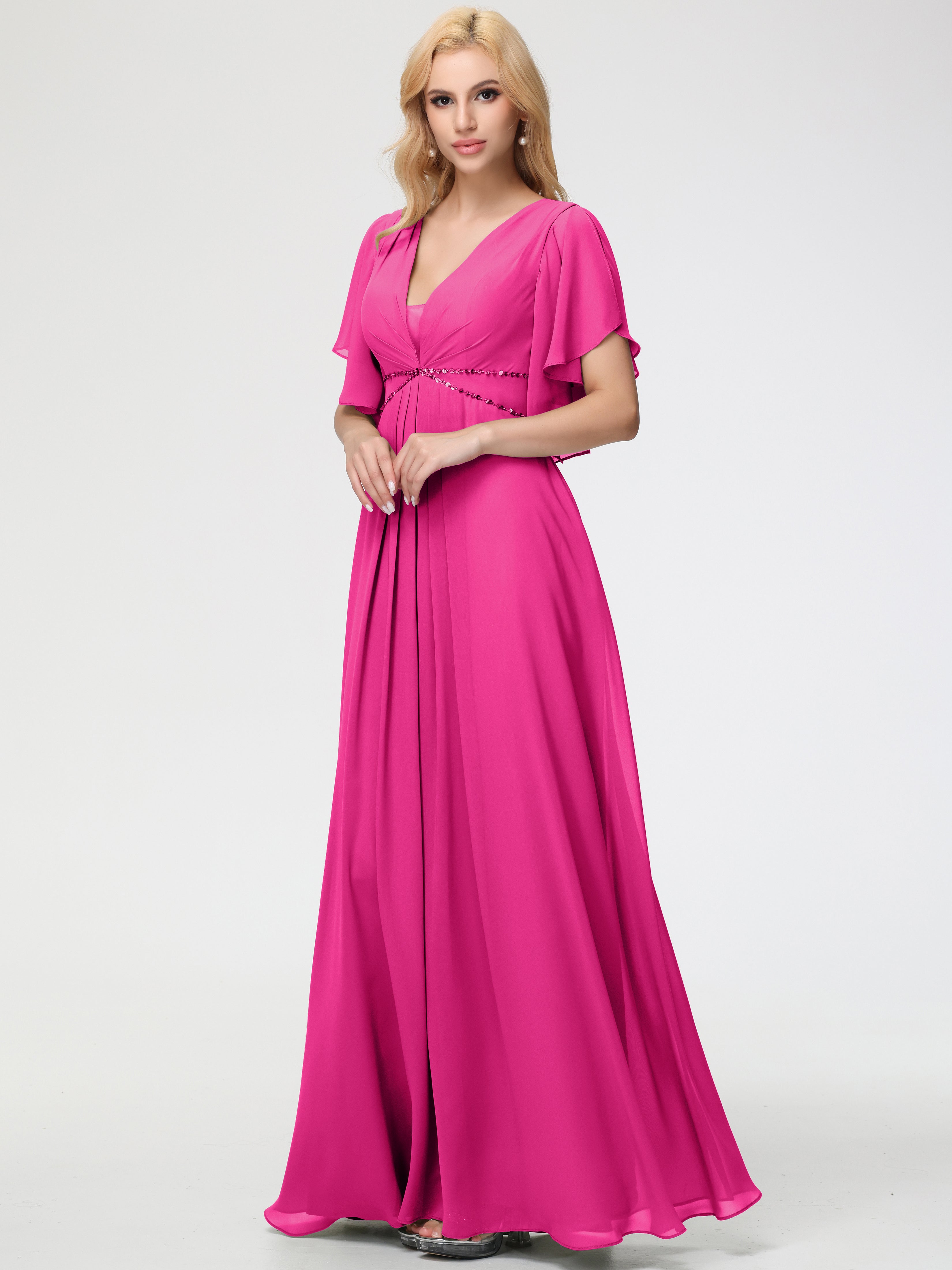 Fuchsia Bridesmaid Dresses A-Line Sequins Sleeves Floor-Length Chiffon