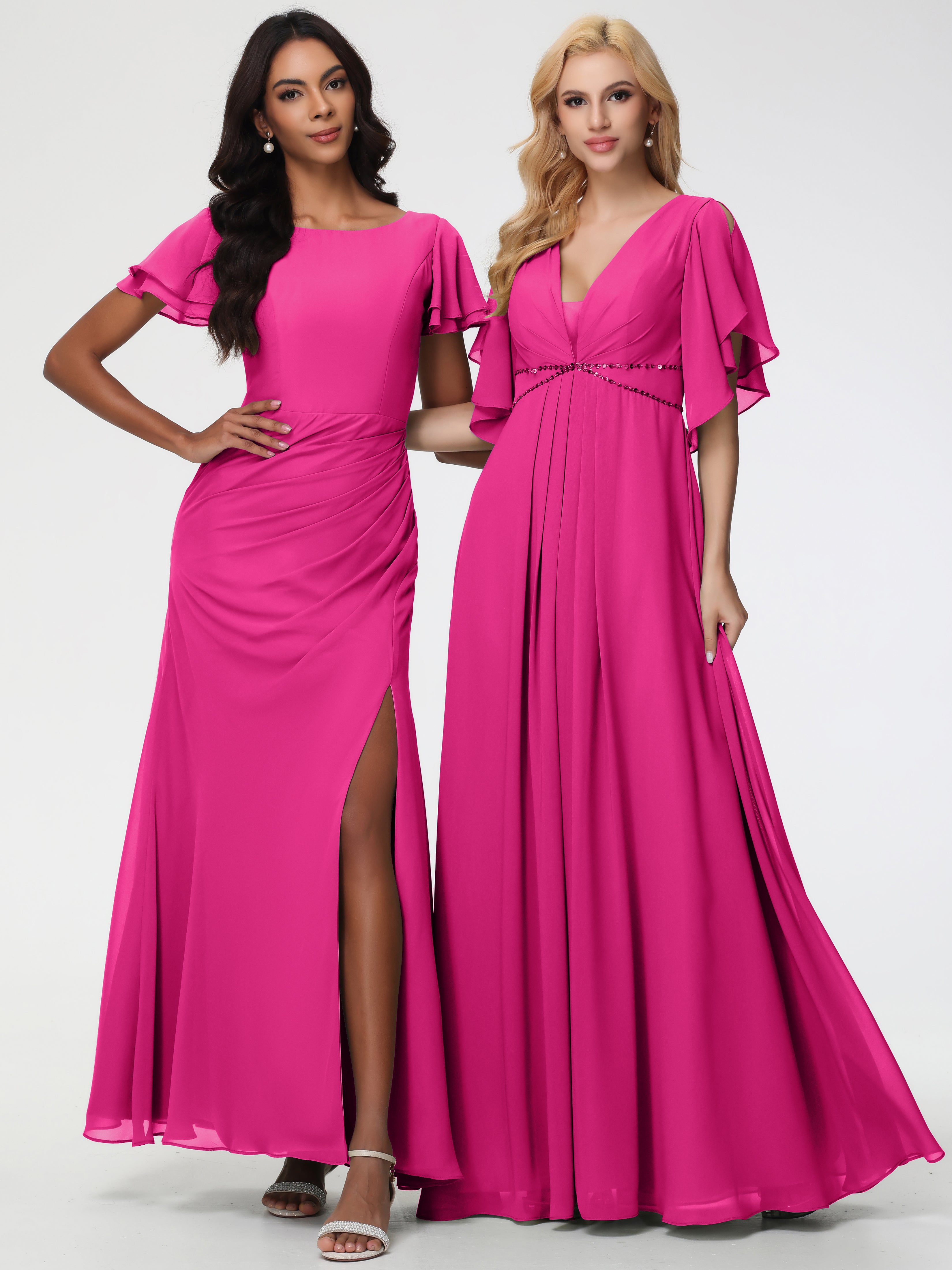A-Line Sequins Sleeves Floor-Length Chiffon Bridesmaid Dresses
