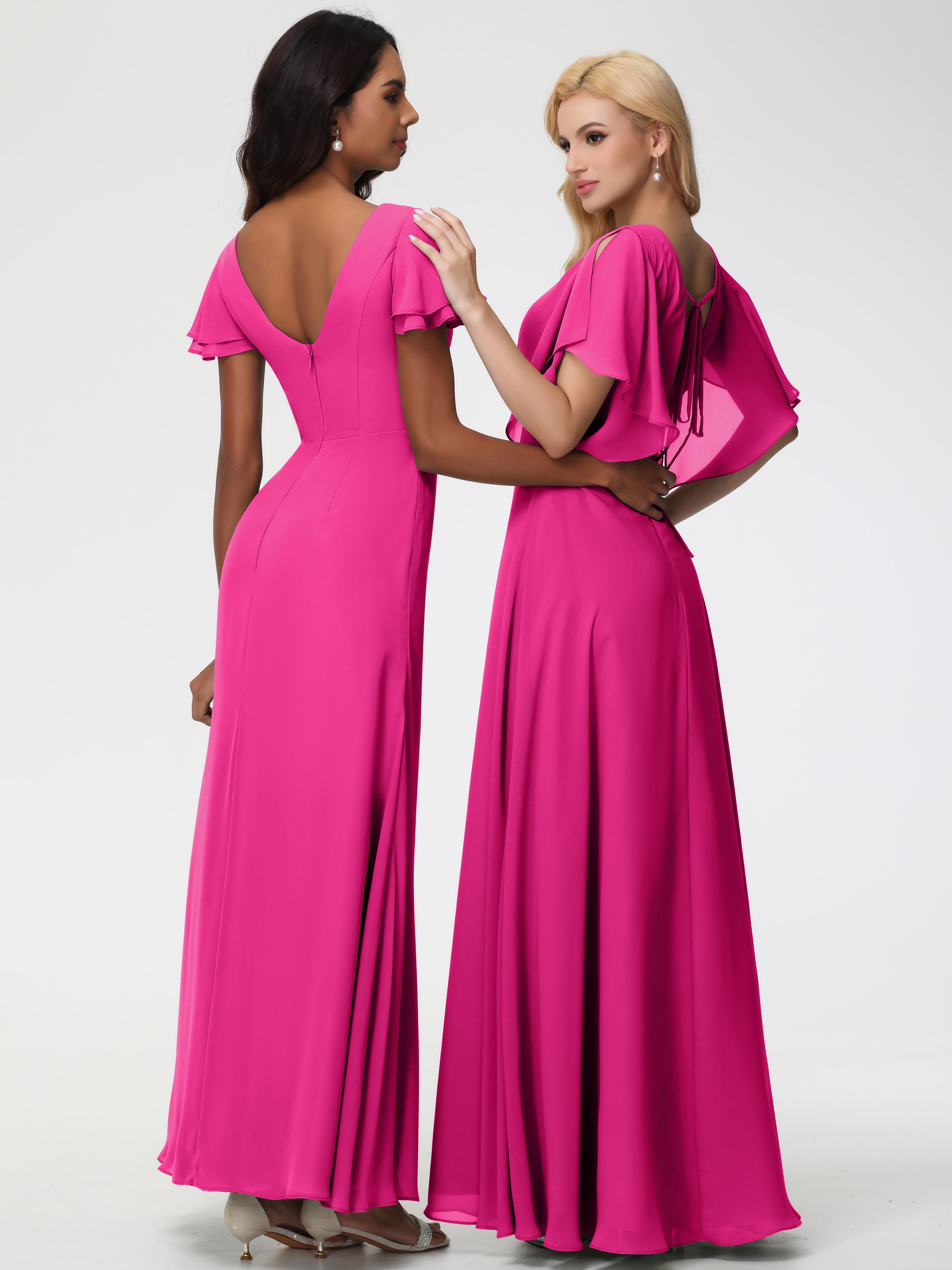 A-Line Sequins Sleeves Floor-Length Chiffon Bridesmaid Dresses