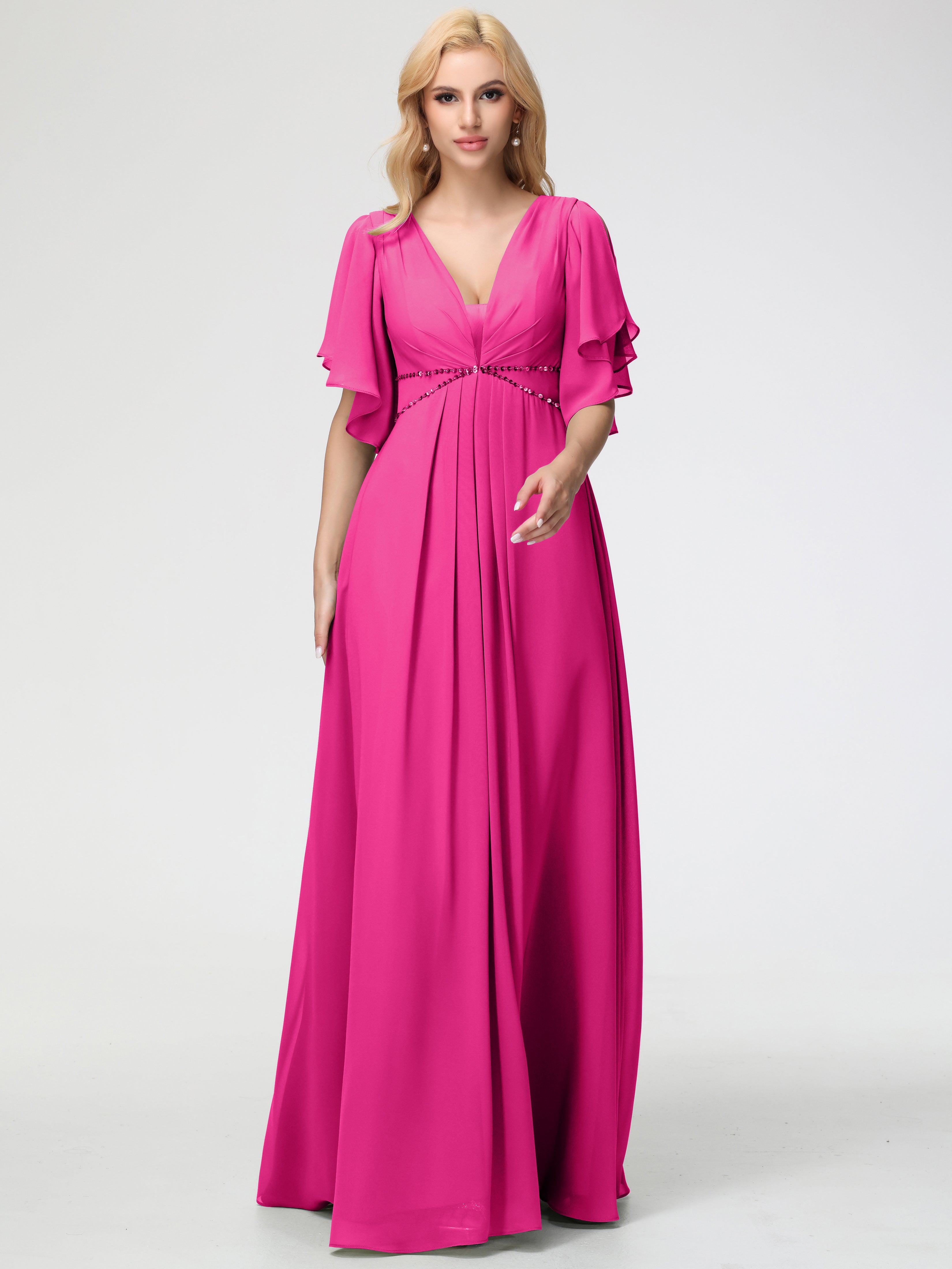 A-Line Sequins Sleeves Floor-Length Chiffon Bridesmaid Dresses