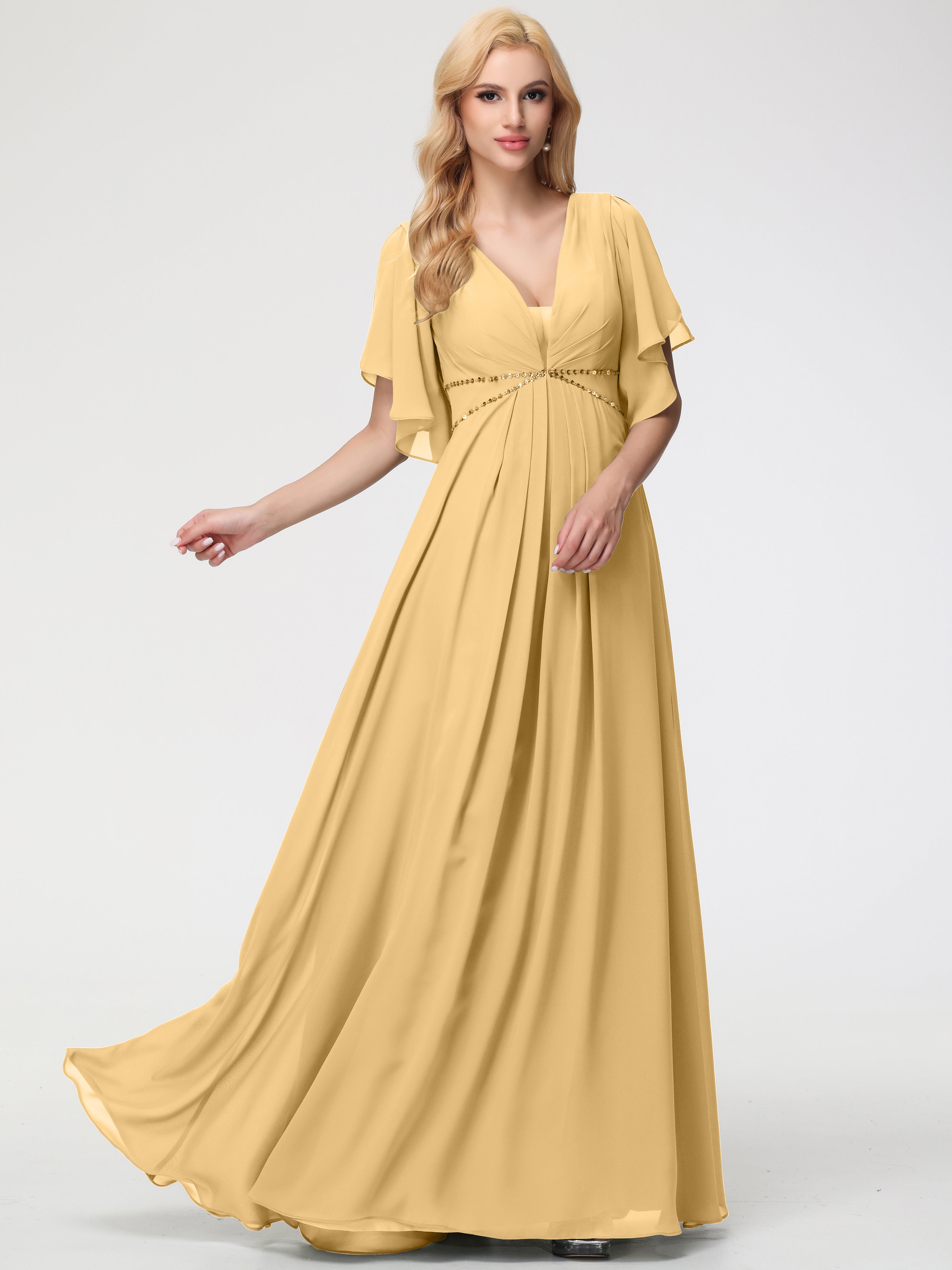 A-Line Sequins Sleeves Floor-Length Chiffon Bridesmaid Dresses