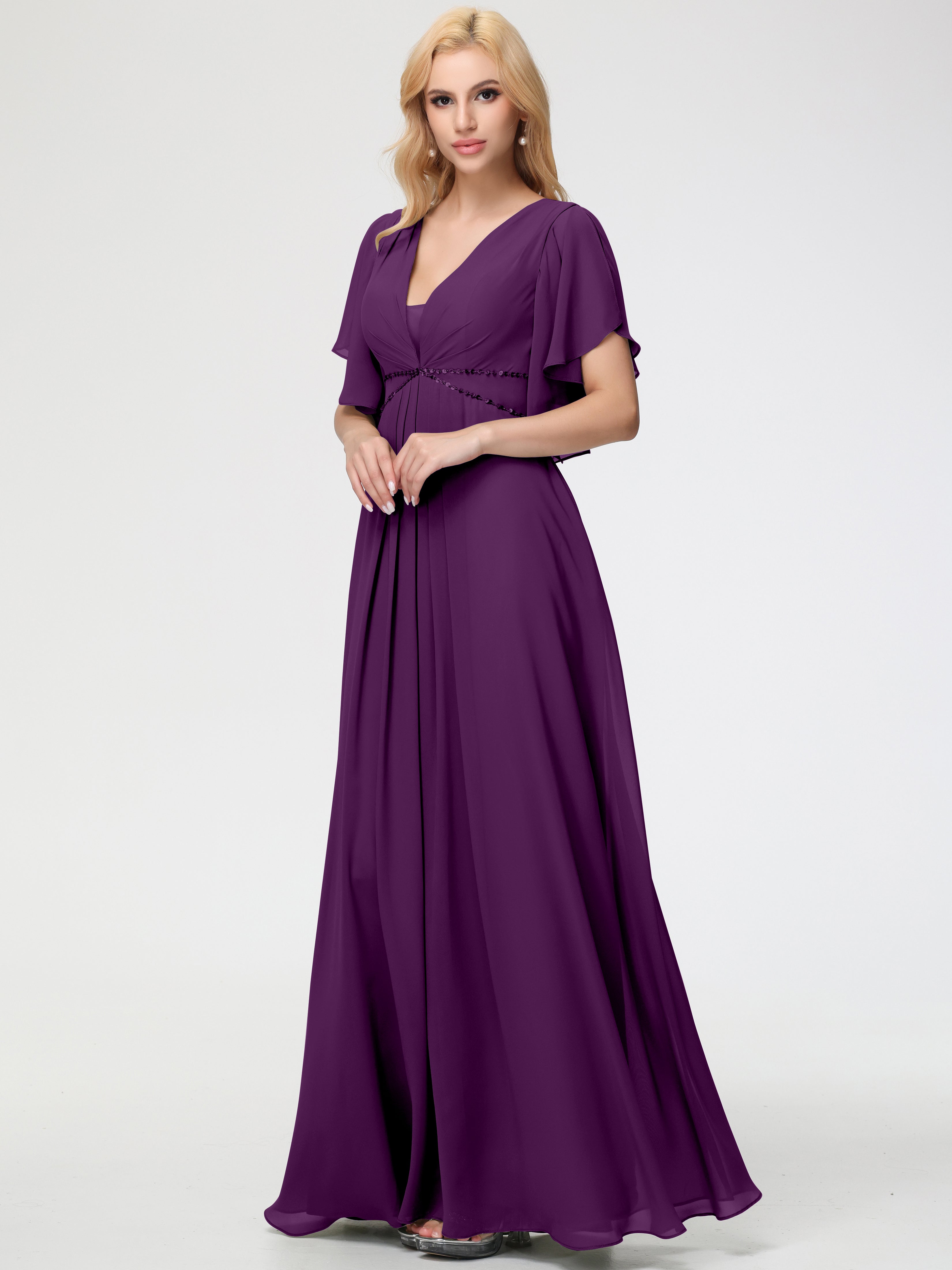 A-Line Sequins Sleeves Floor-Length Chiffon Bridesmaid Dresses