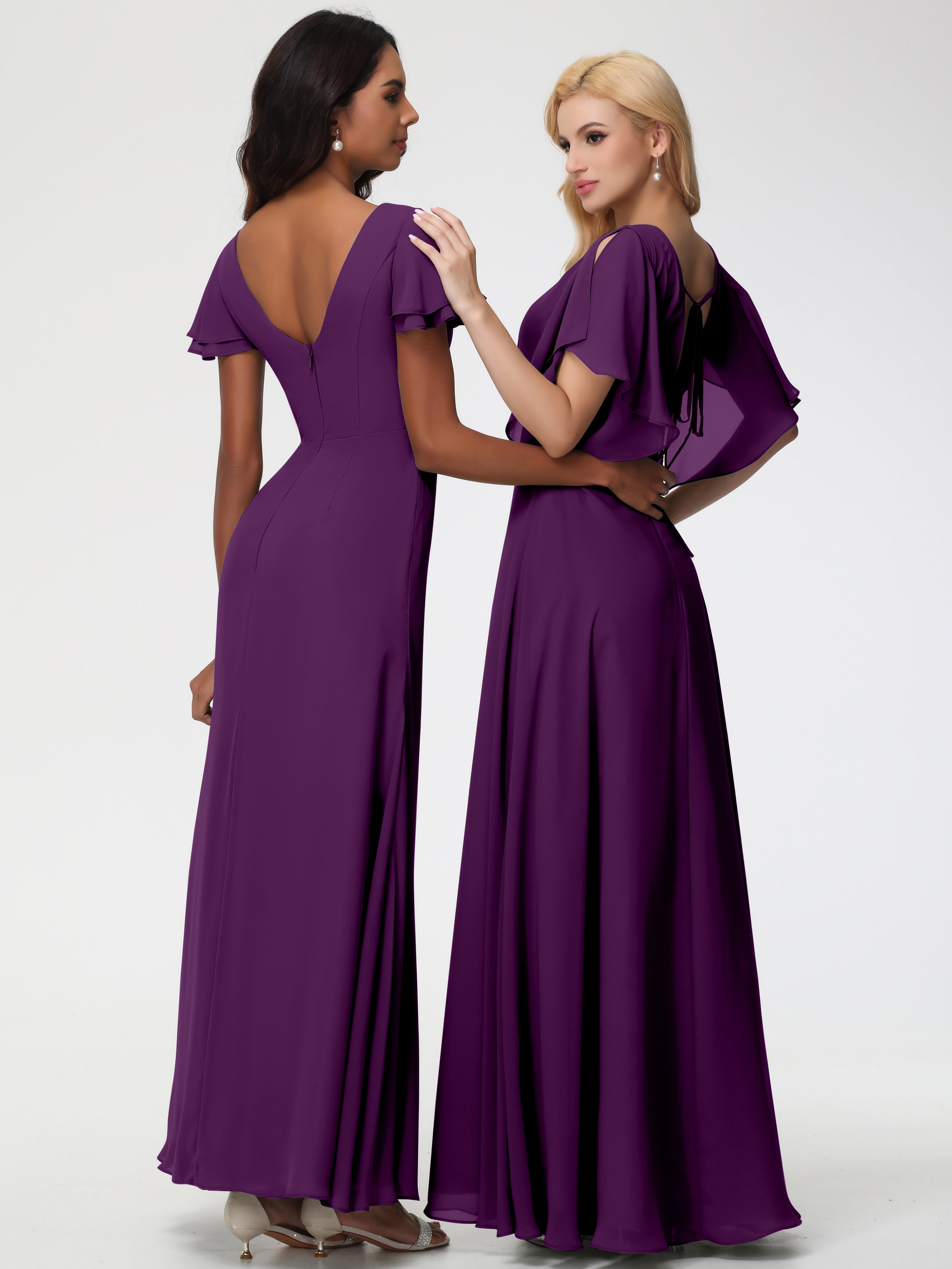 A-Line Sequins Sleeves Floor-Length Chiffon Bridesmaid Dresses