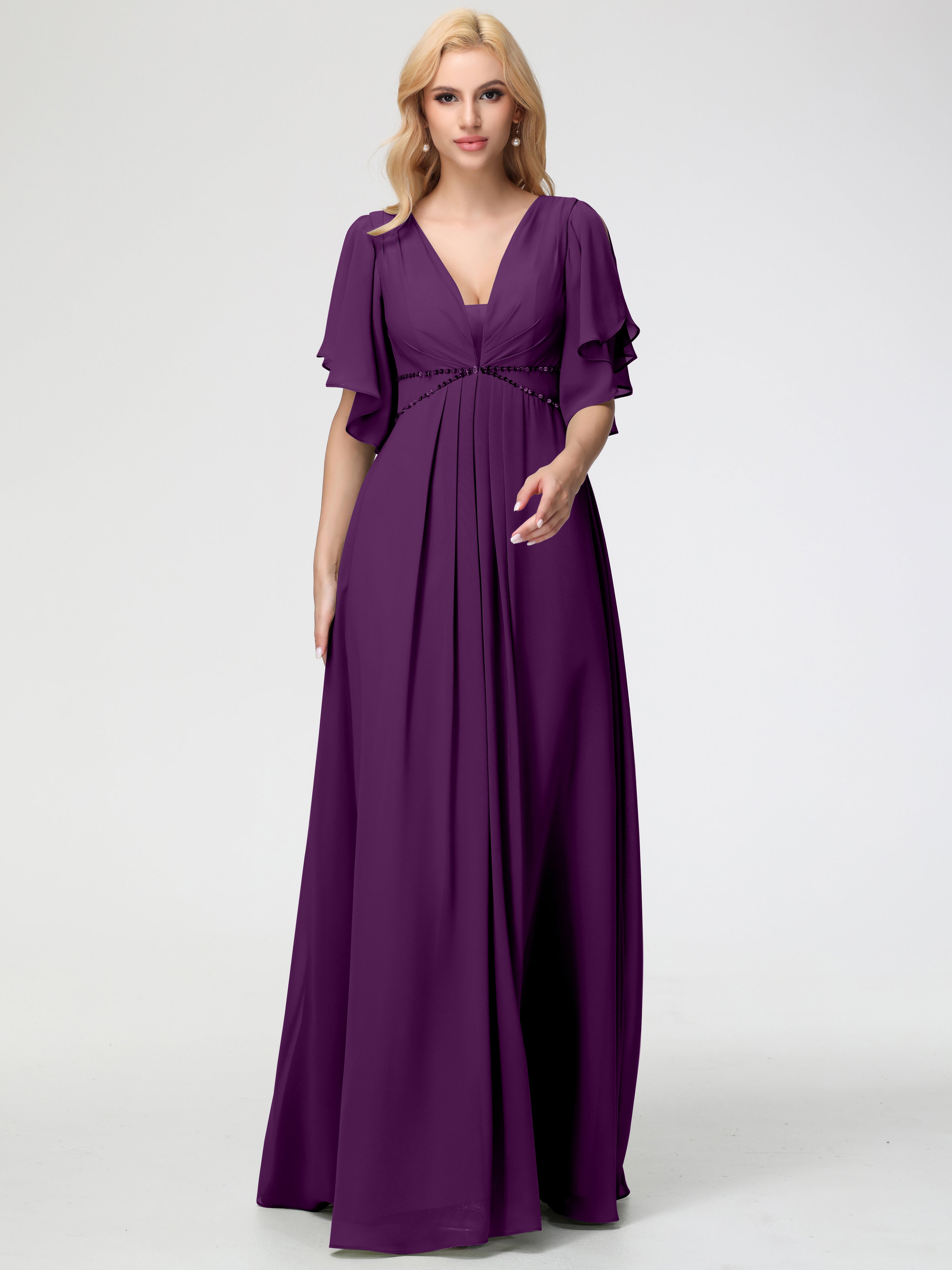 A-Line Sequins Sleeves Floor-Length Chiffon Bridesmaid Dresses