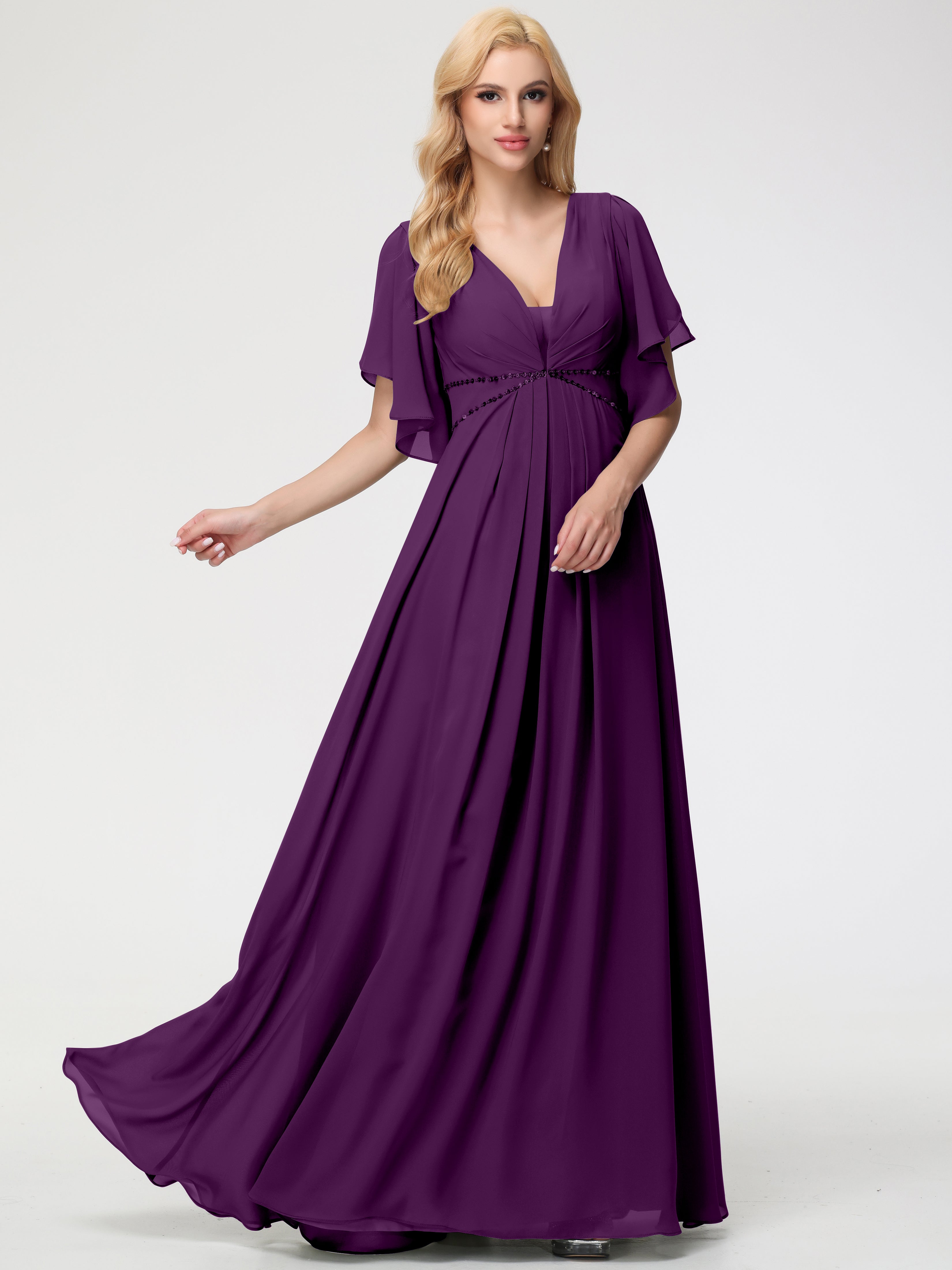 A-Line Sequins Sleeves Floor-Length Chiffon Bridesmaid Dresses