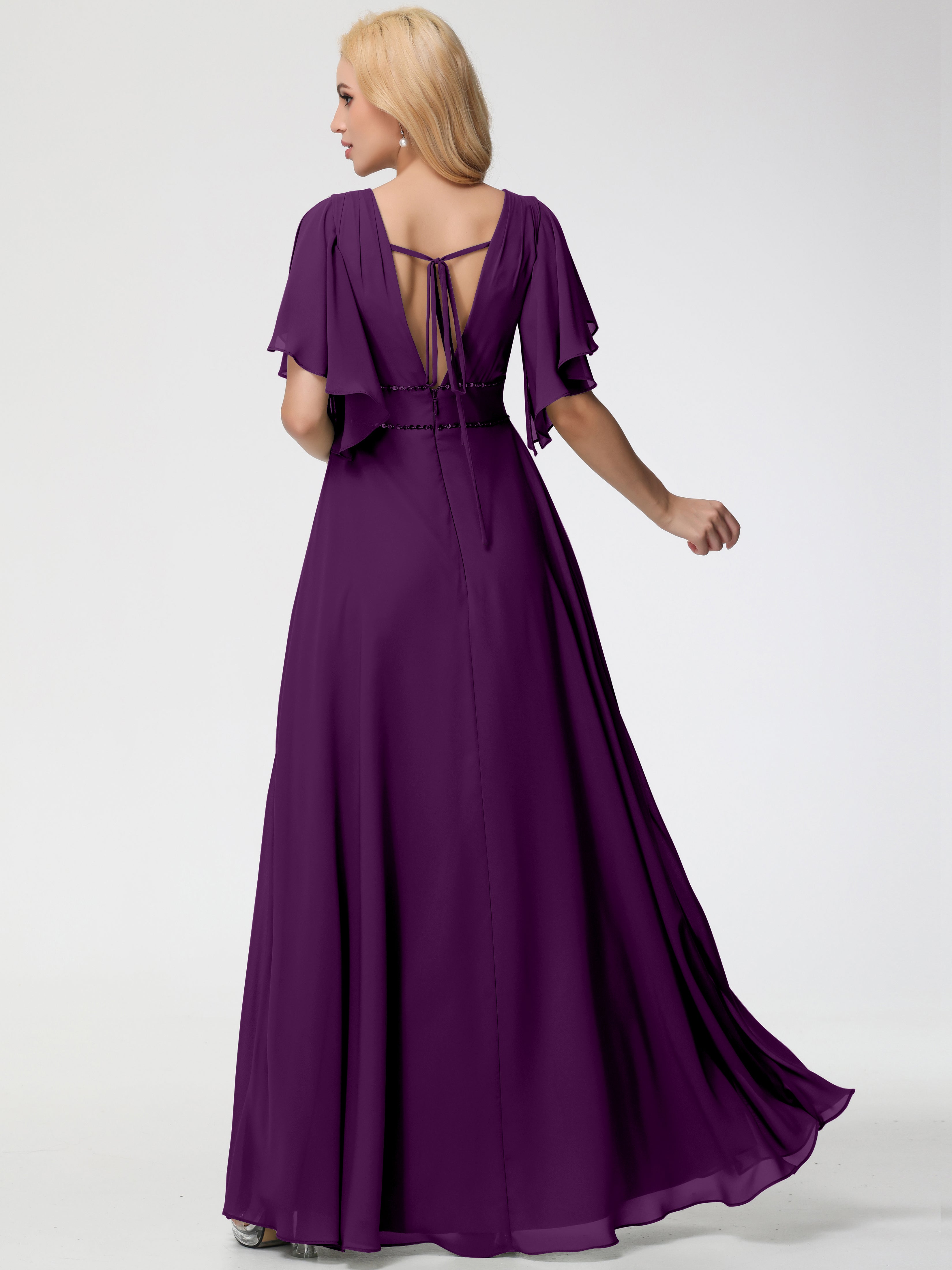 A-Line Sequins Sleeves Floor-Length Chiffon Bridesmaid Dresses
