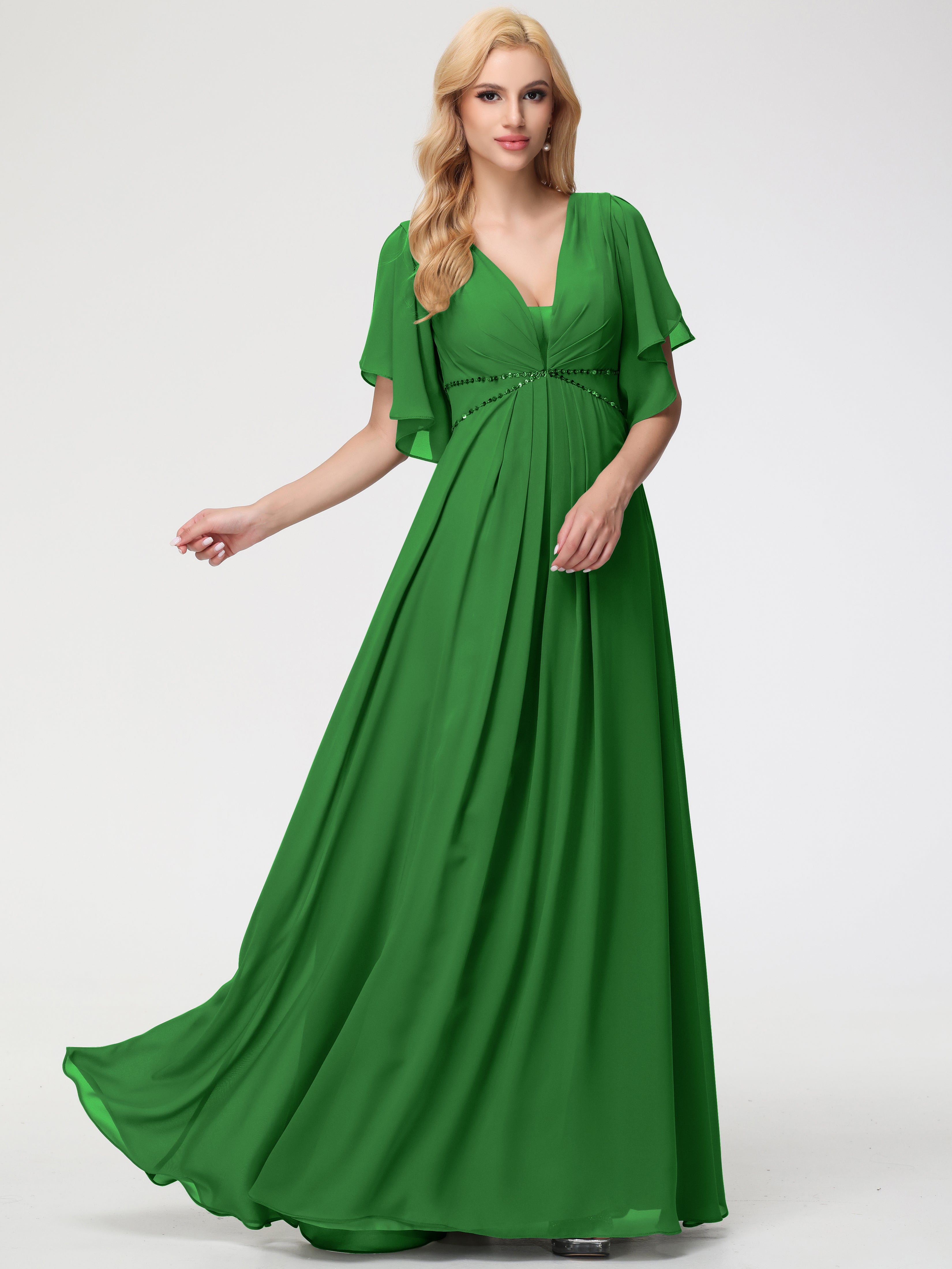A-Line Sequins Sleeves Floor-Length Chiffon Bridesmaid Dresses