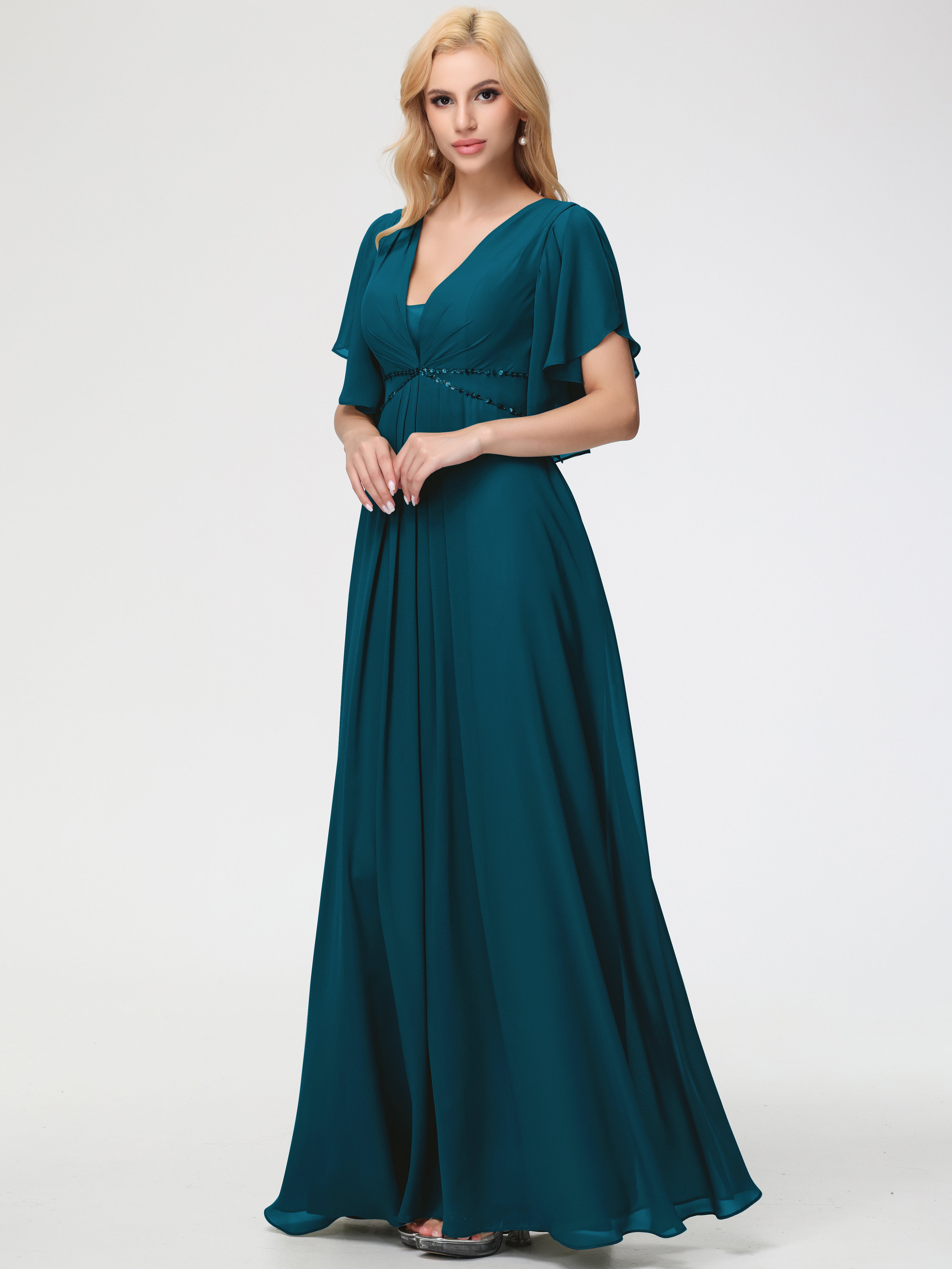 A-Line Sequins Sleeves Floor-Length Chiffon Bridesmaid Dresses
