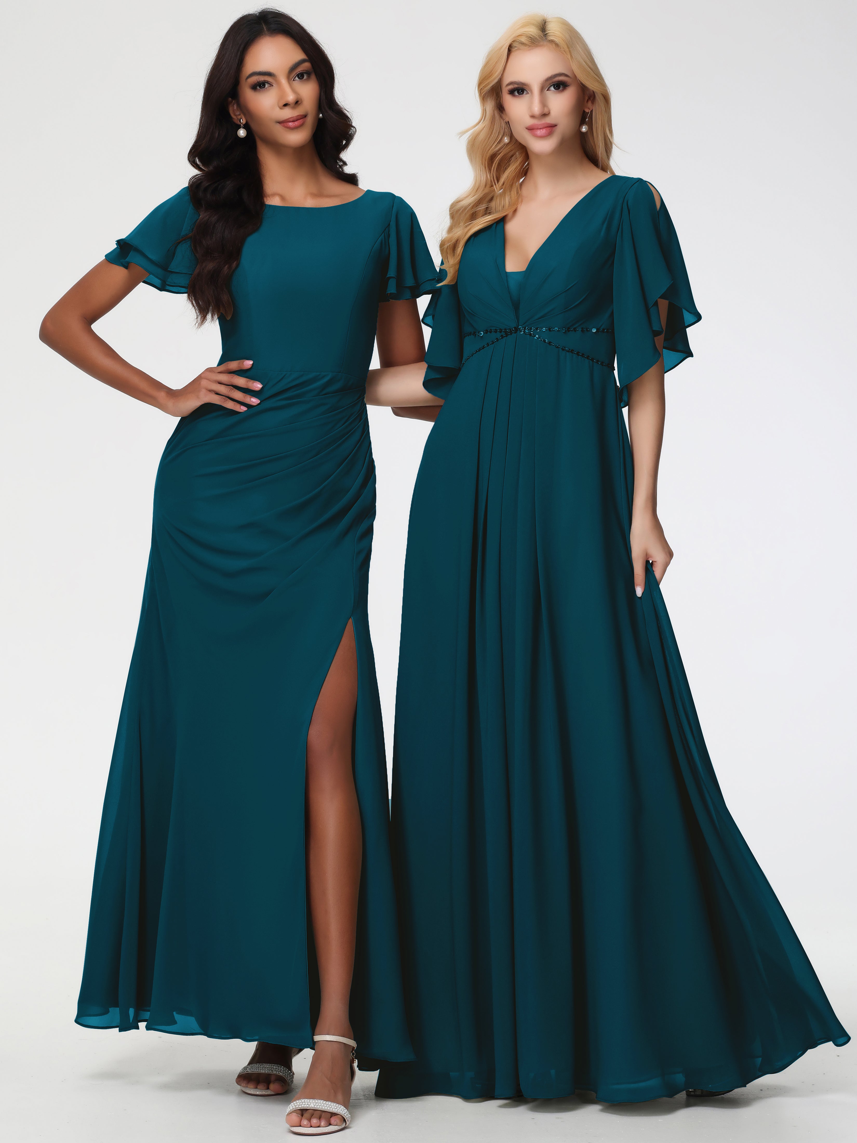 A-Line Sequins Sleeves Floor-Length Chiffon Bridesmaid Dresses