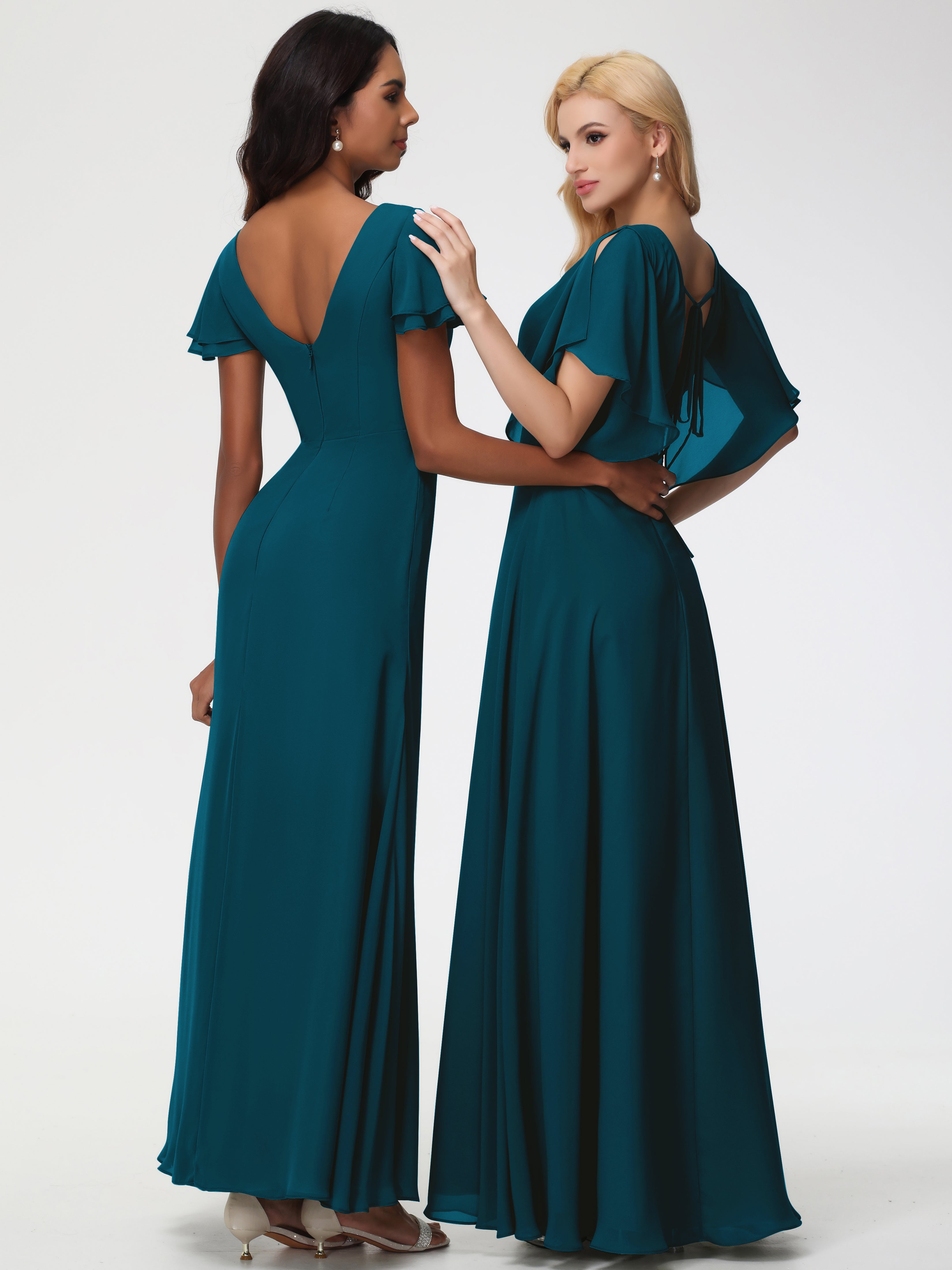 A-Line Sequins Sleeves Floor-Length Chiffon Bridesmaid Dresses