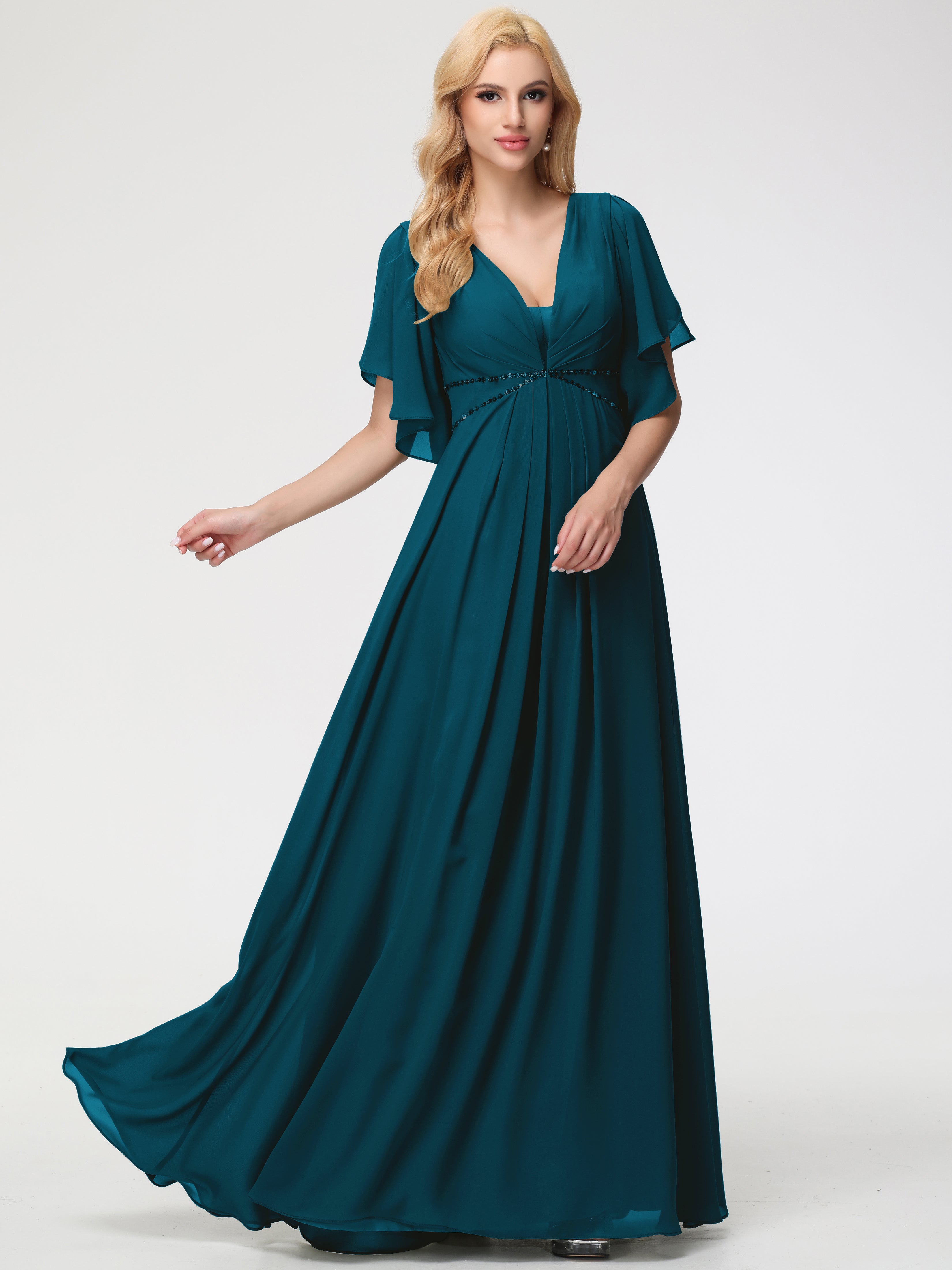 A-Line Sequins Sleeves Floor-Length Chiffon Bridesmaid Dresses