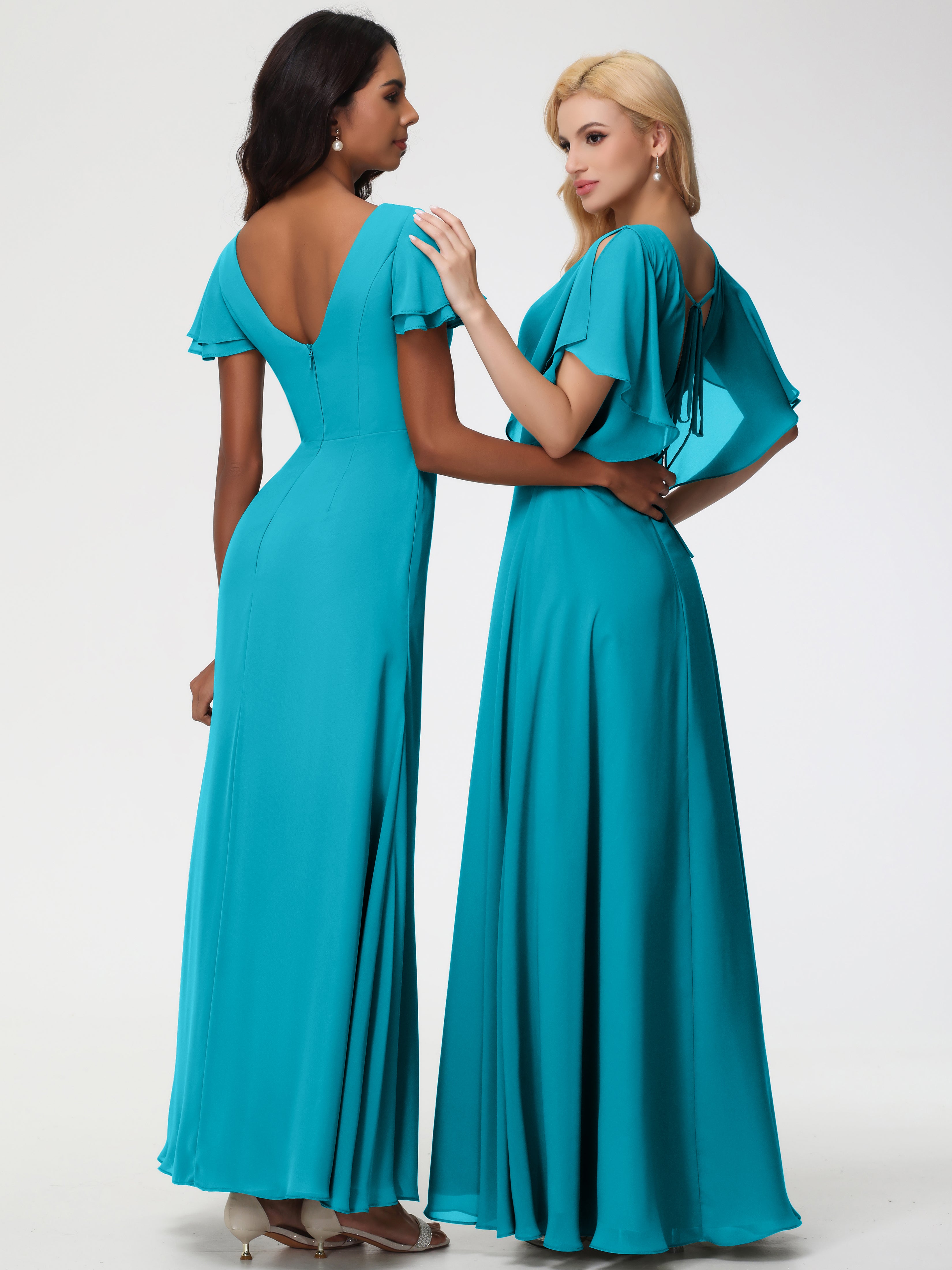 A-Line Sequins Sleeves Floor-Length Chiffon Bridesmaid Dresses