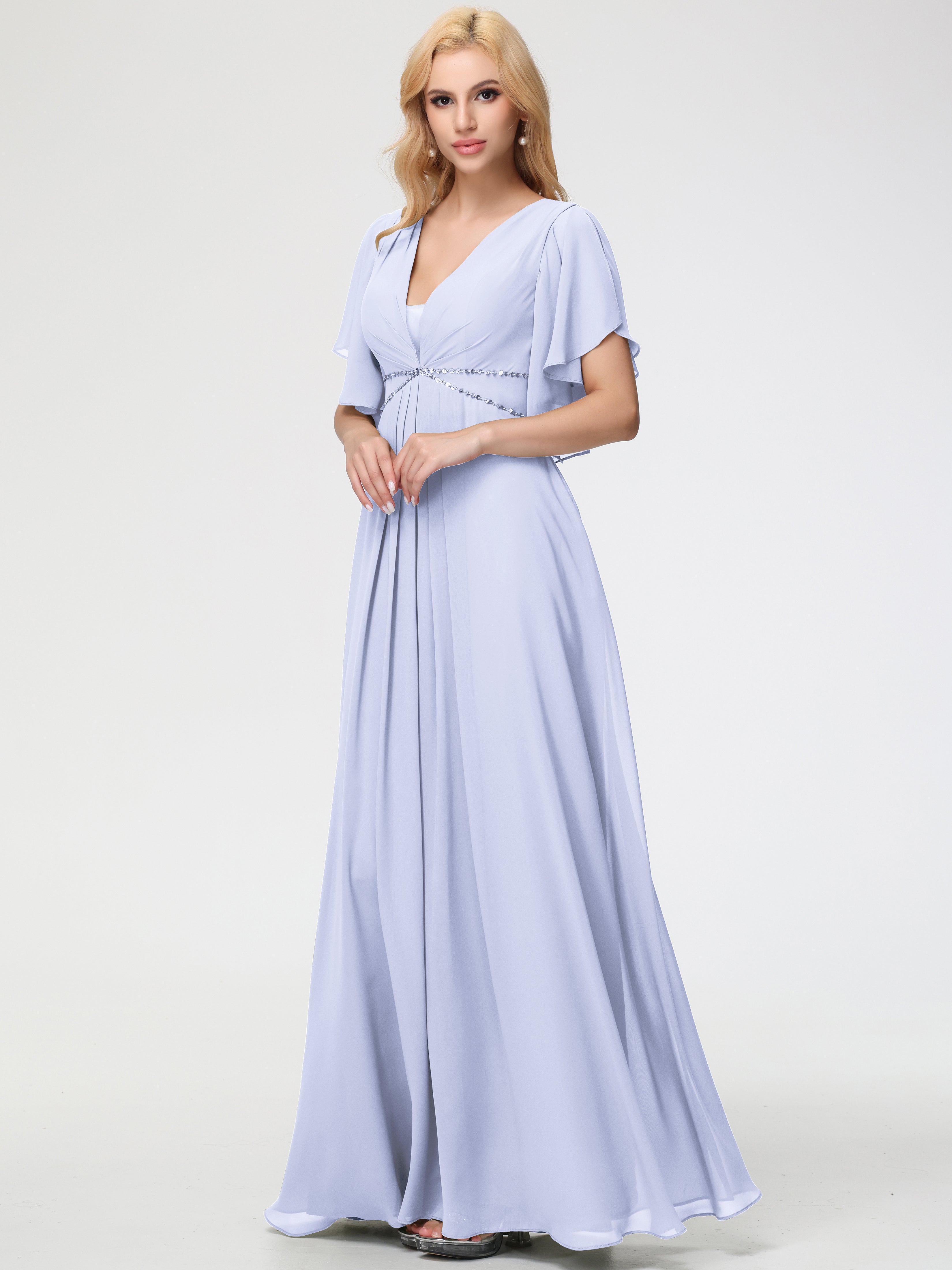 A-Line Sequins Sleeves Floor-Length Chiffon Bridesmaid Dresses