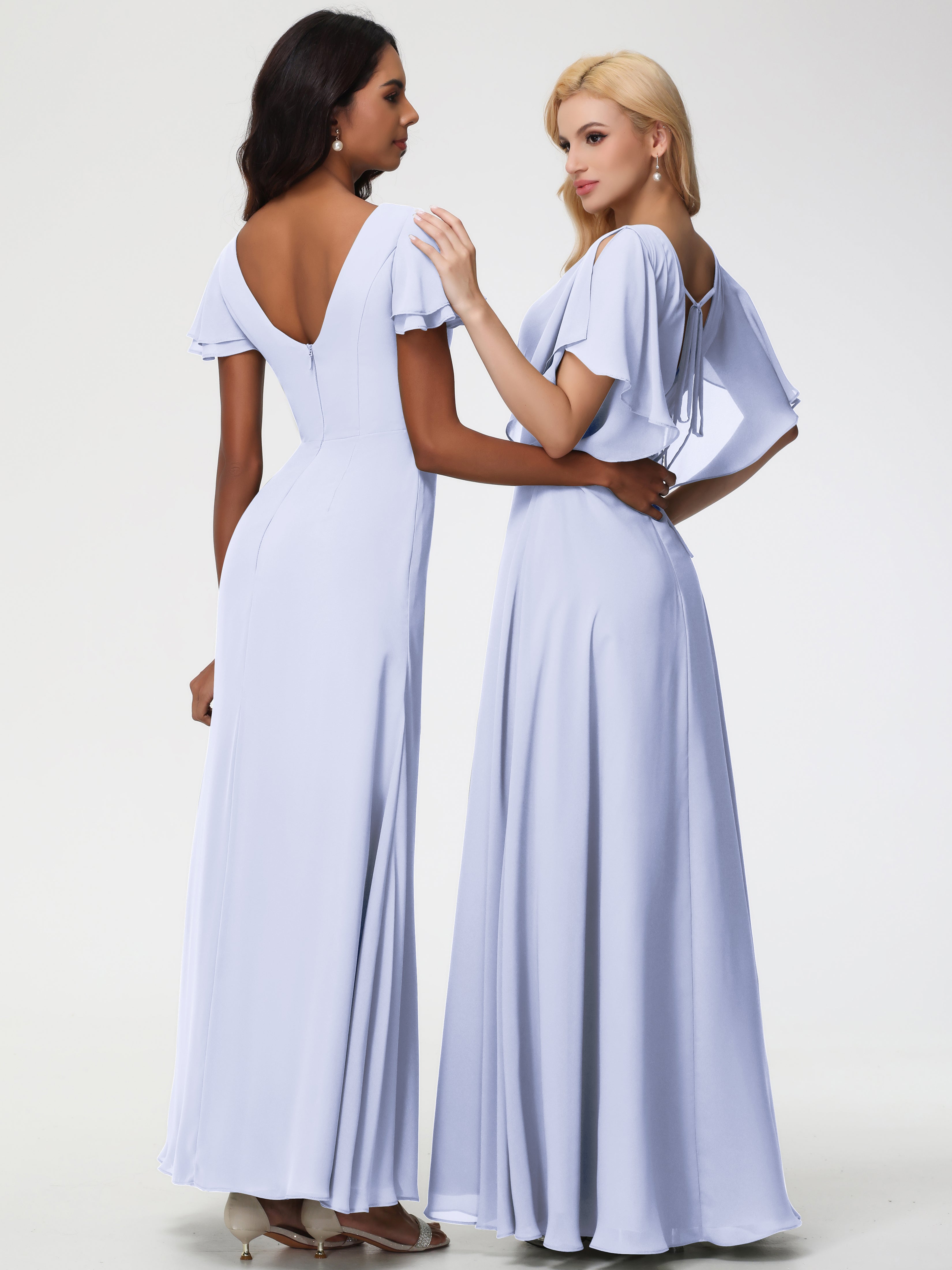 A-Line Sequins Sleeves Floor-Length Chiffon Bridesmaid Dresses