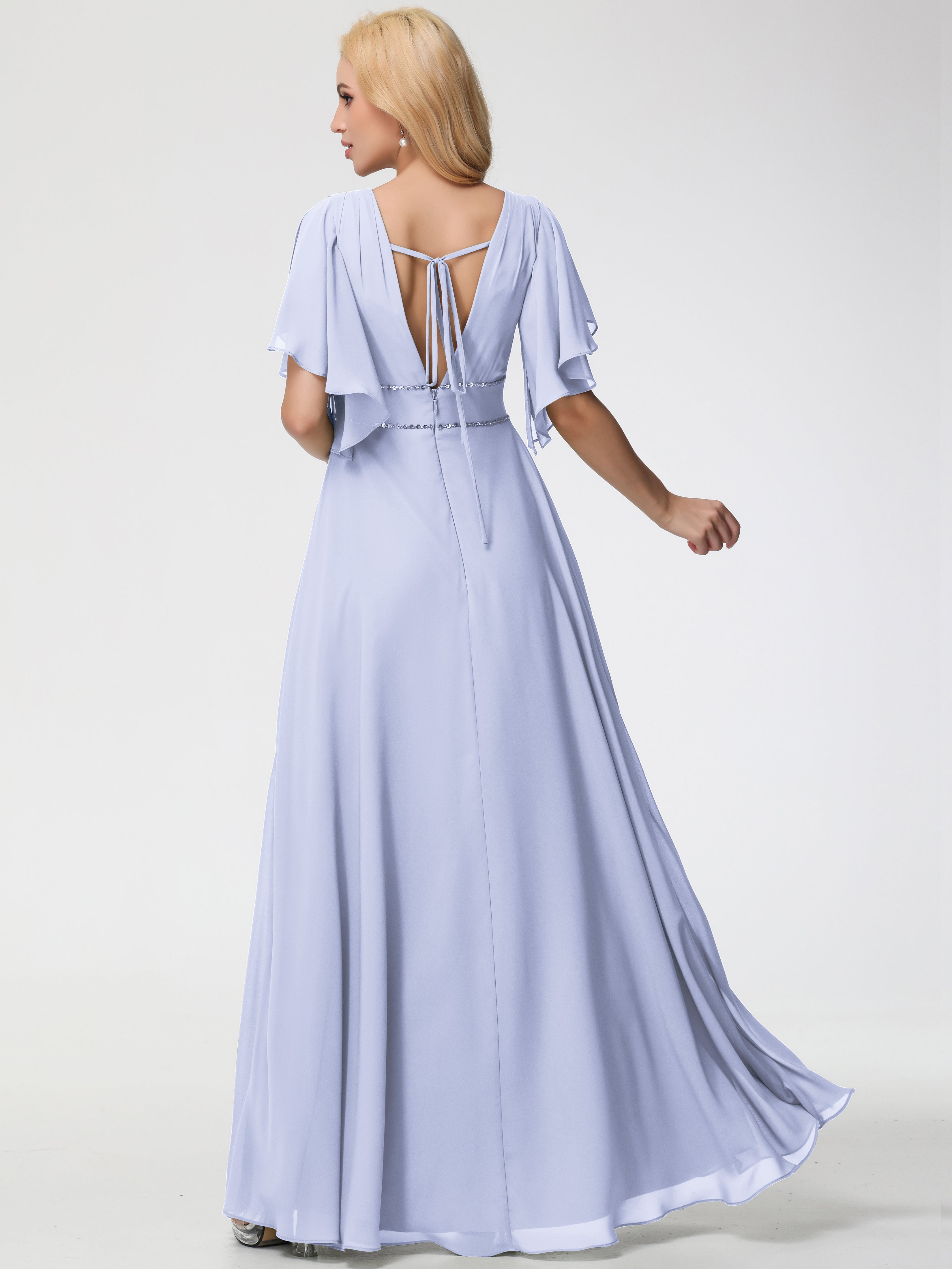 A-Line Sequins Sleeves Floor-Length Chiffon Bridesmaid Dresses
