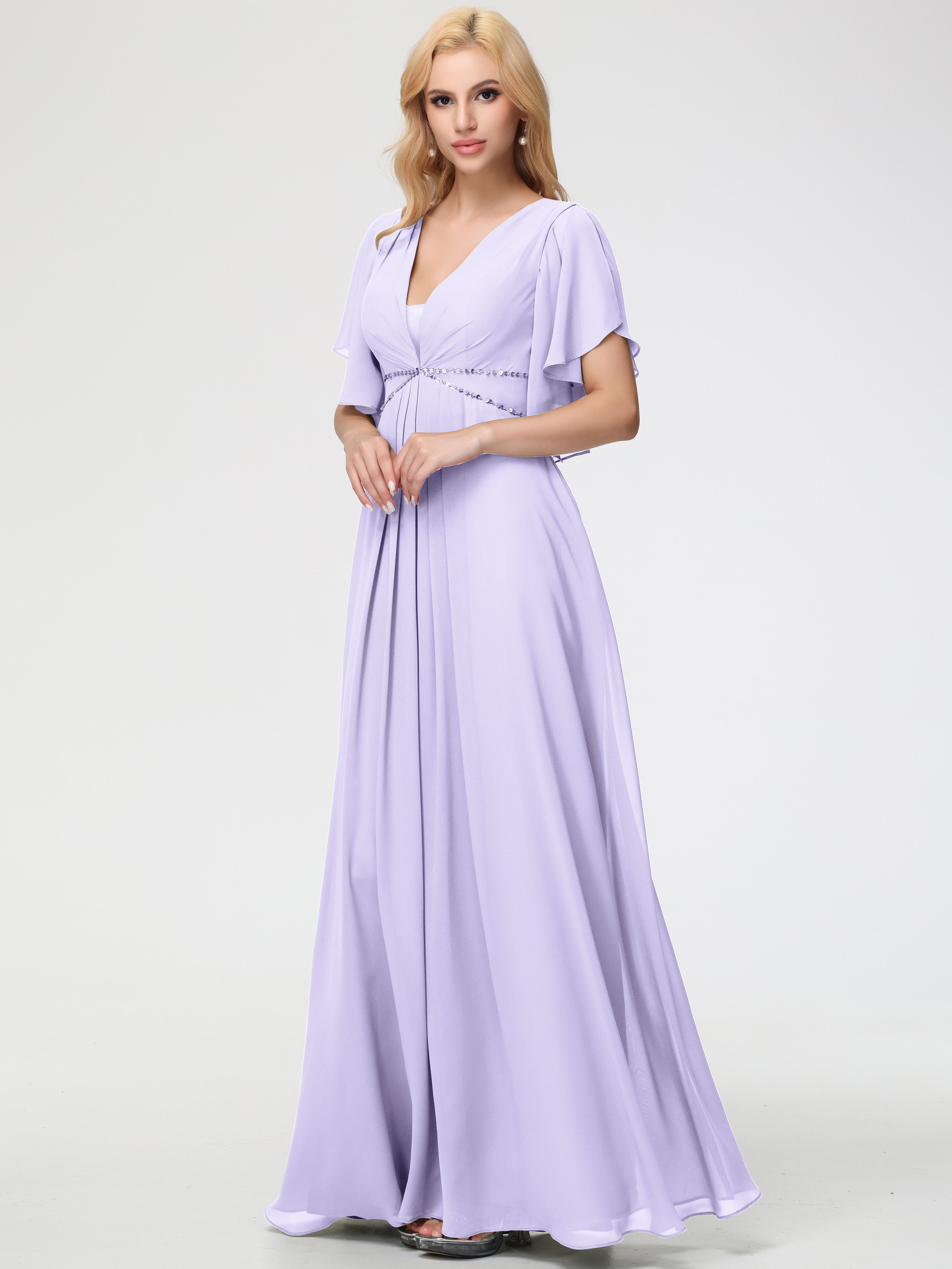 A-Line Sequins Sleeves Floor-Length Chiffon Bridesmaid Dresses