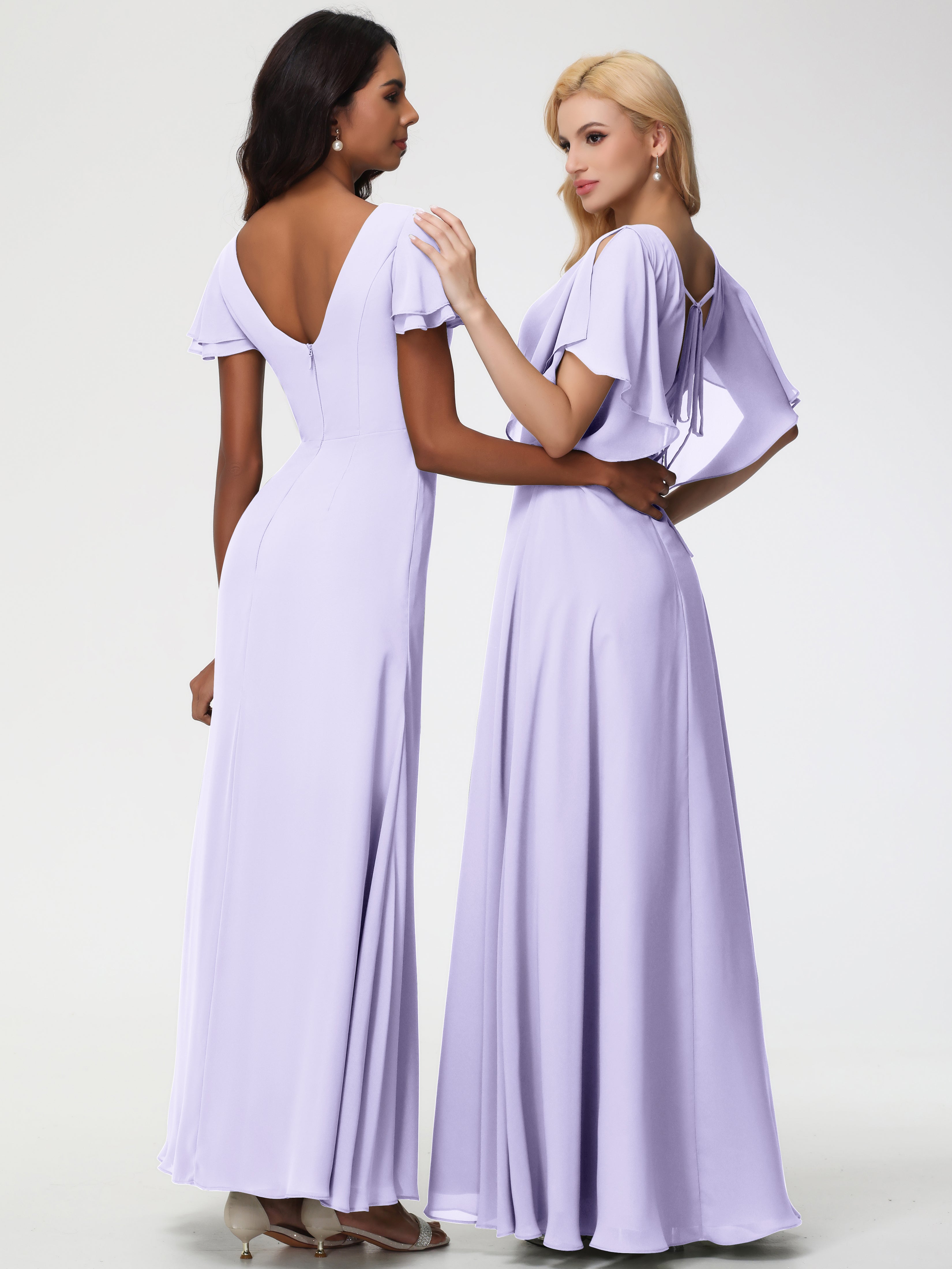 A-Line Sequins Sleeves Floor-Length Chiffon Bridesmaid Dresses