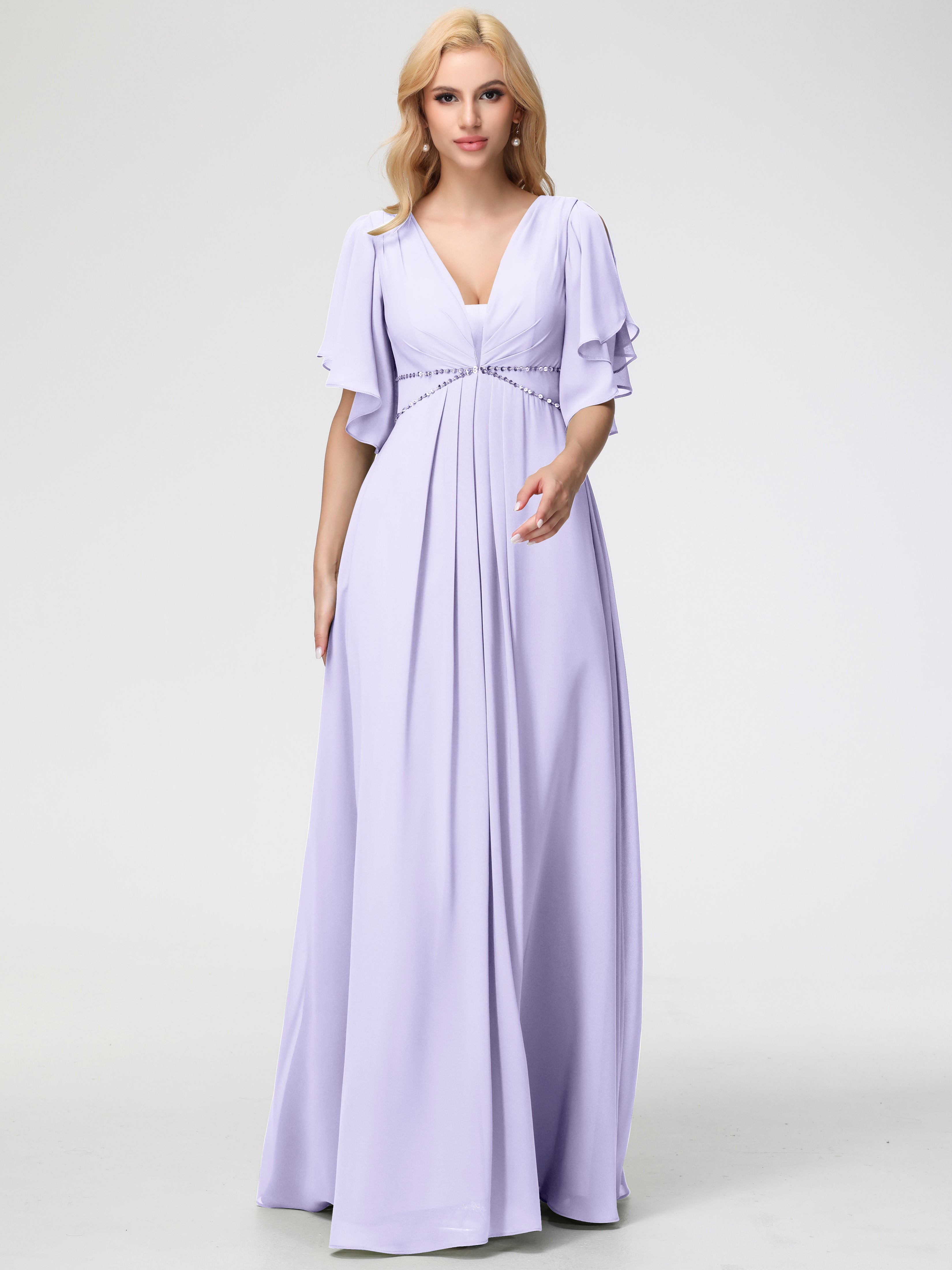 A-Line Sequins Sleeves Floor-Length Chiffon Bridesmaid Dresses