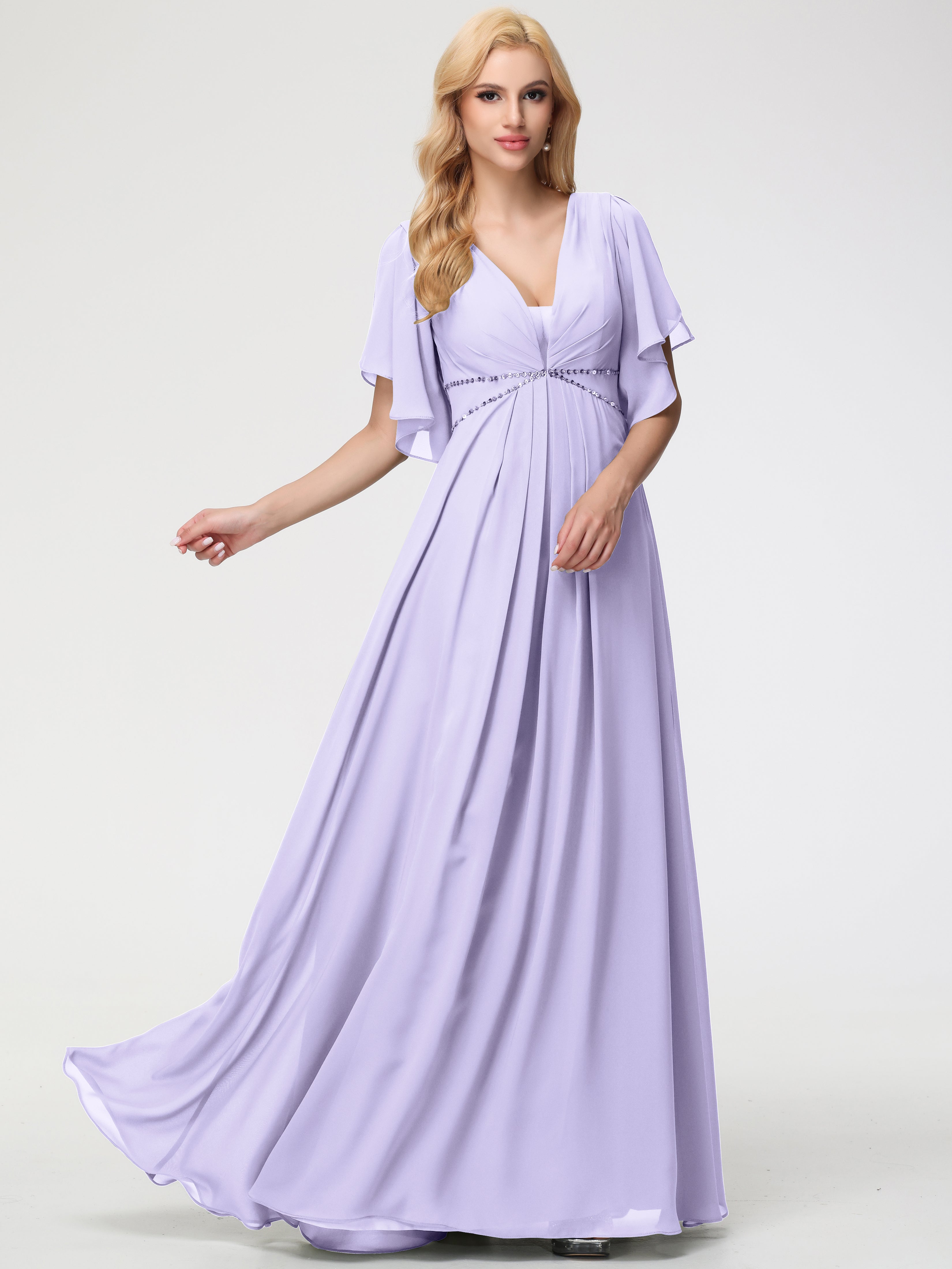 A-Line Sequins Sleeves Floor-Length Chiffon Bridesmaid Dresses