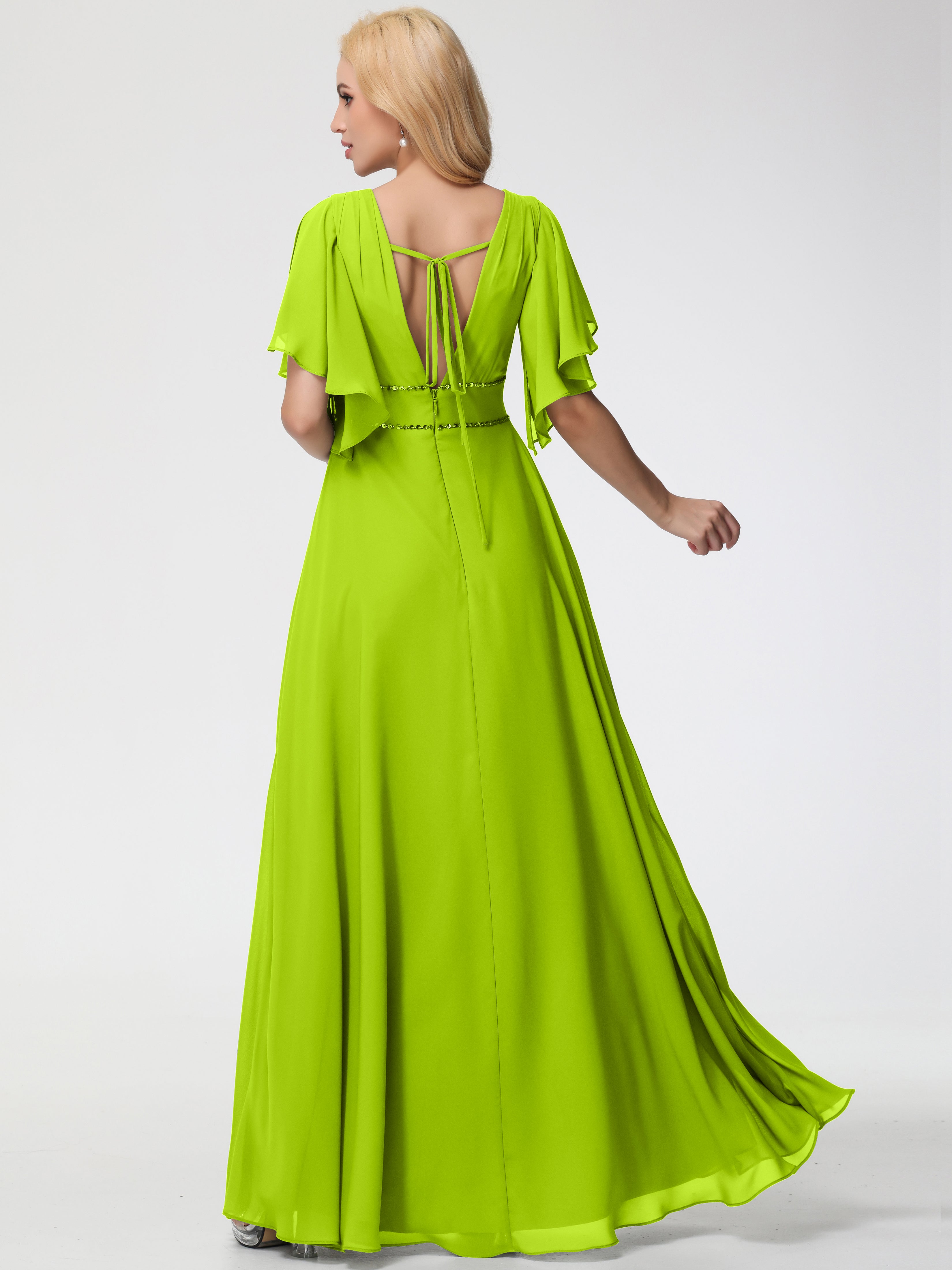 A-Line Sequins Sleeves Floor-Length Chiffon Bridesmaid Dresses