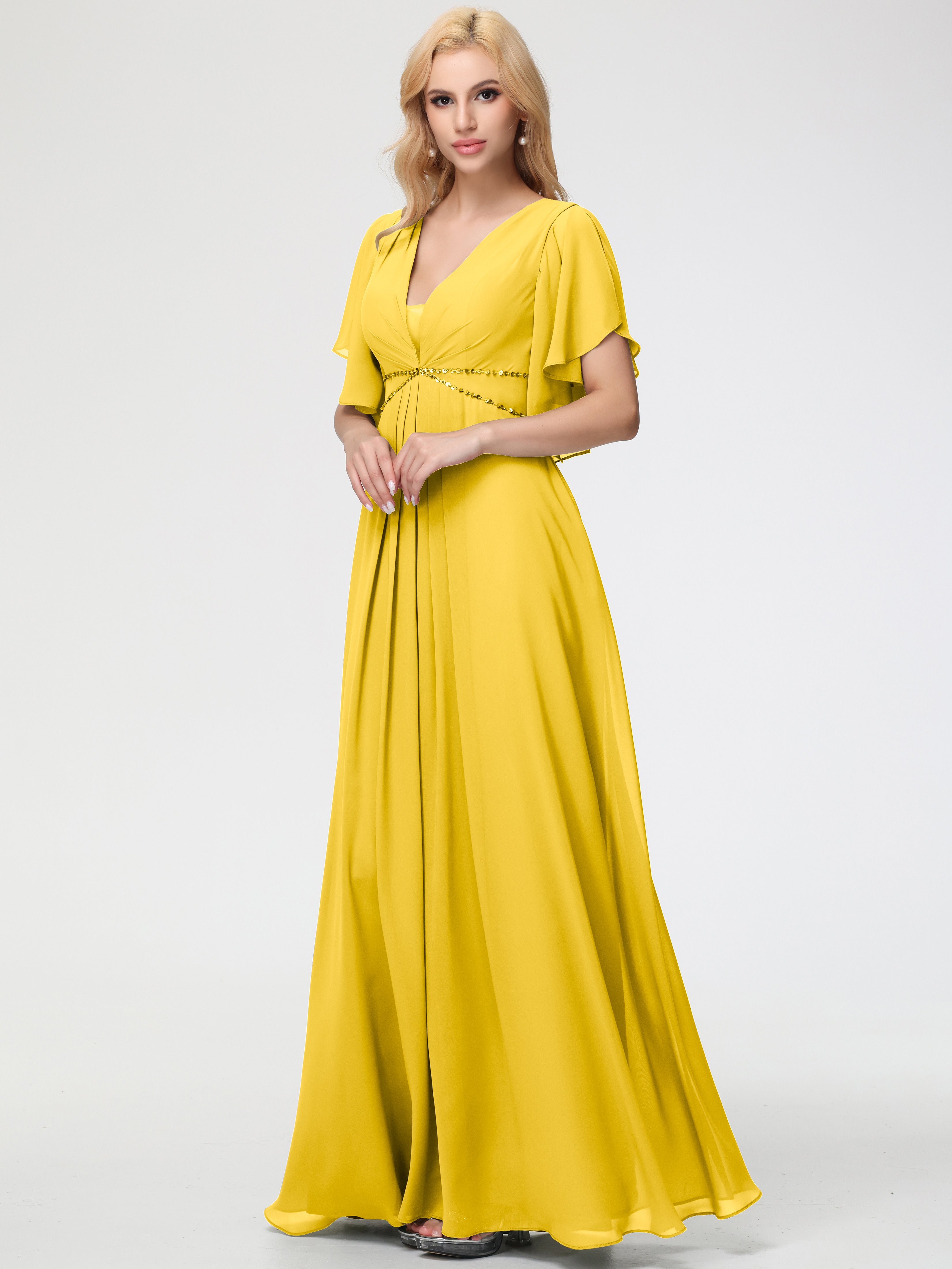 A-Line Sequins Sleeves Floor-Length Chiffon Bridesmaid Dresses
