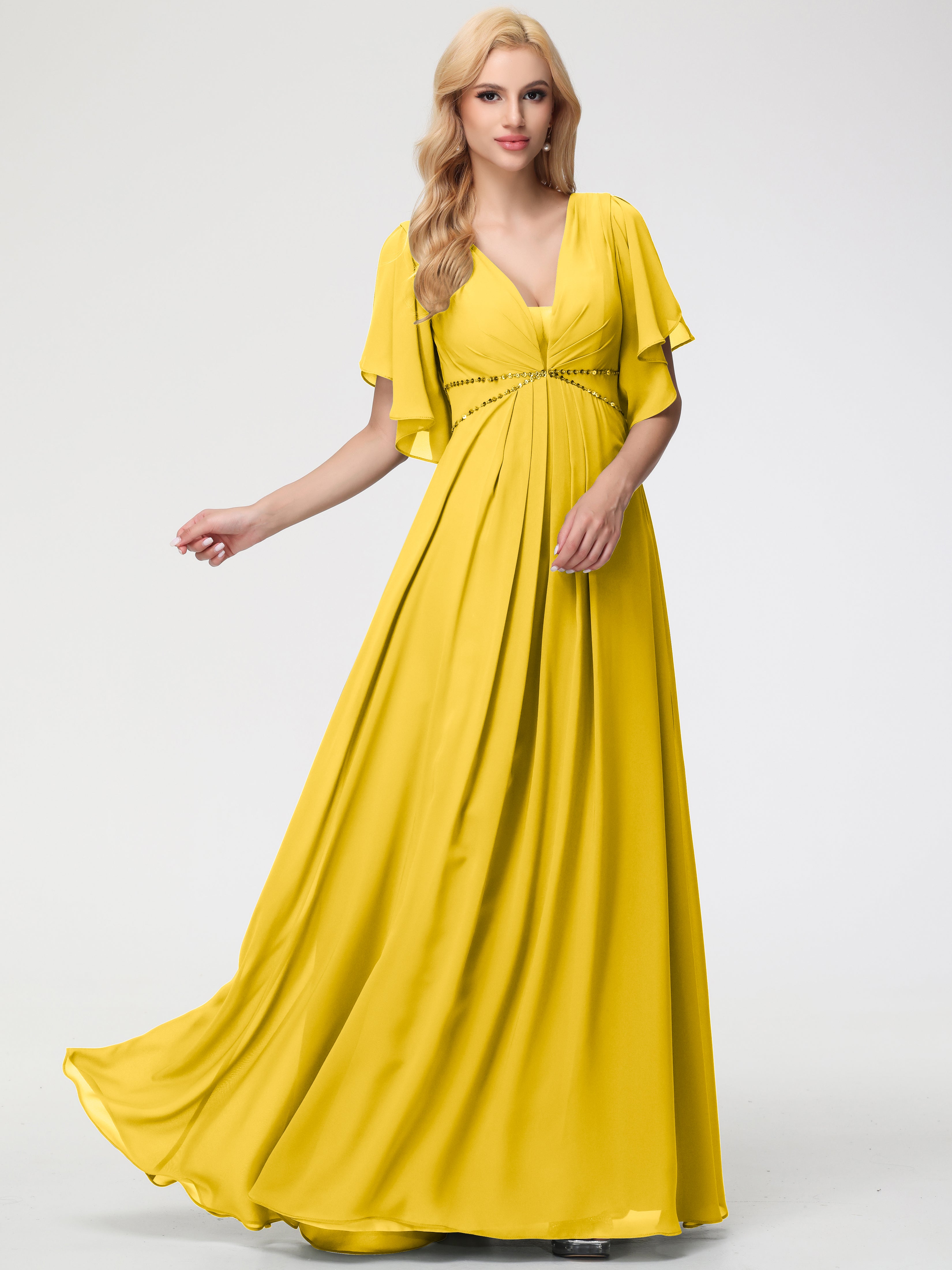A-Line Sequins Sleeves Floor-Length Chiffon Bridesmaid Dresses