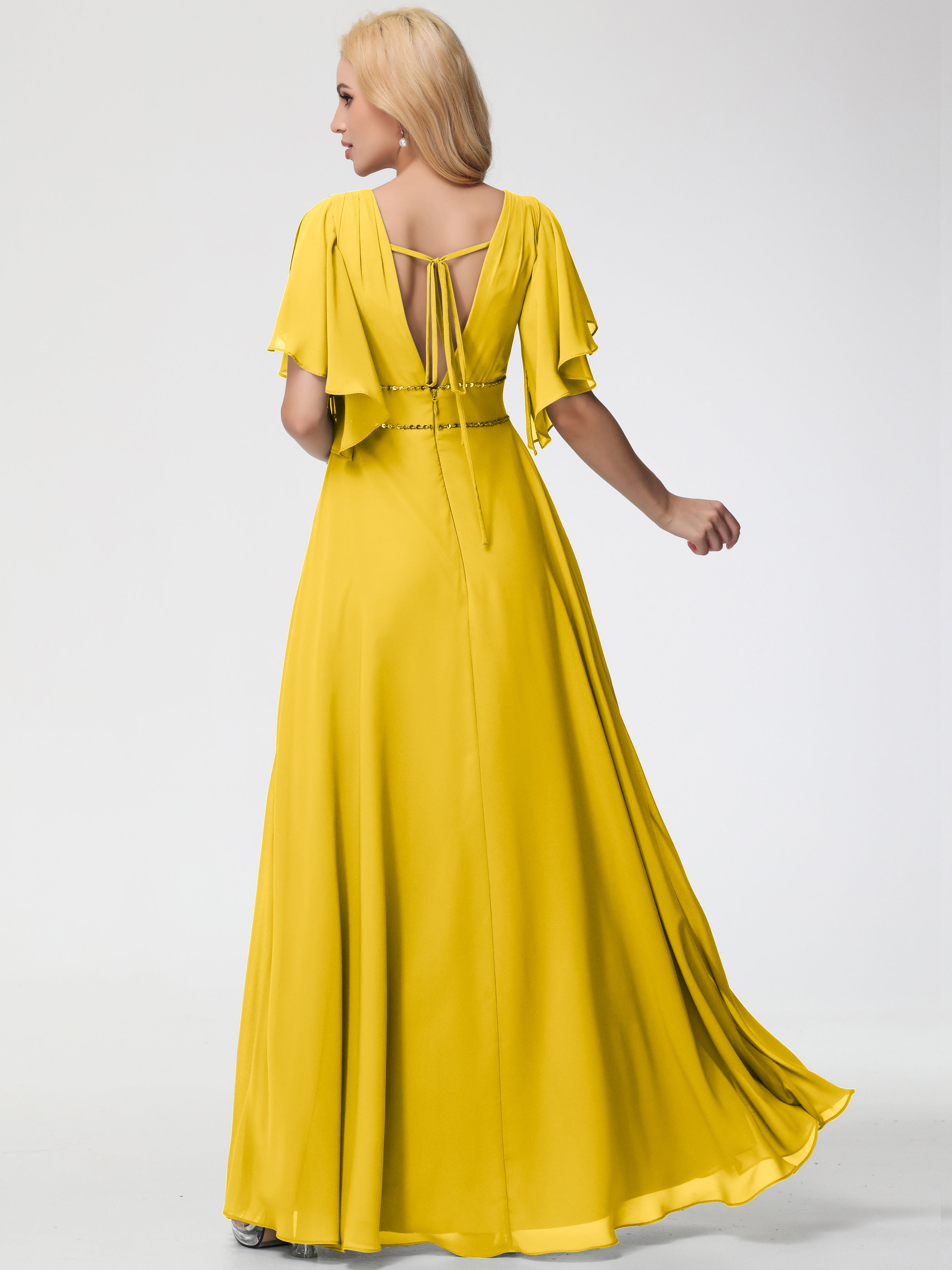 A-Line Sequins Sleeves Floor-Length Chiffon Bridesmaid Dresses